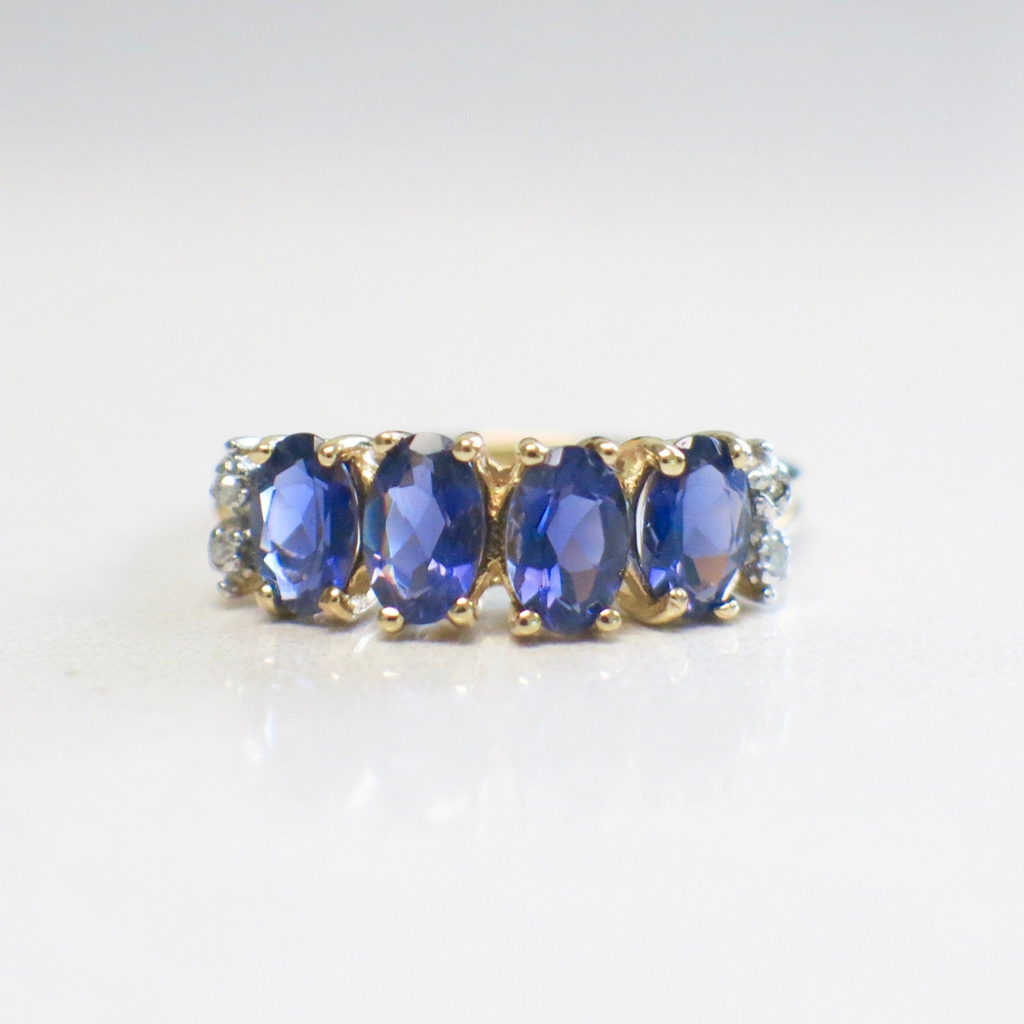 10K Yellow Gold Tanzanite and Diamond Ring – Four Oval Stones, Size 6.75 - Black Market LLC