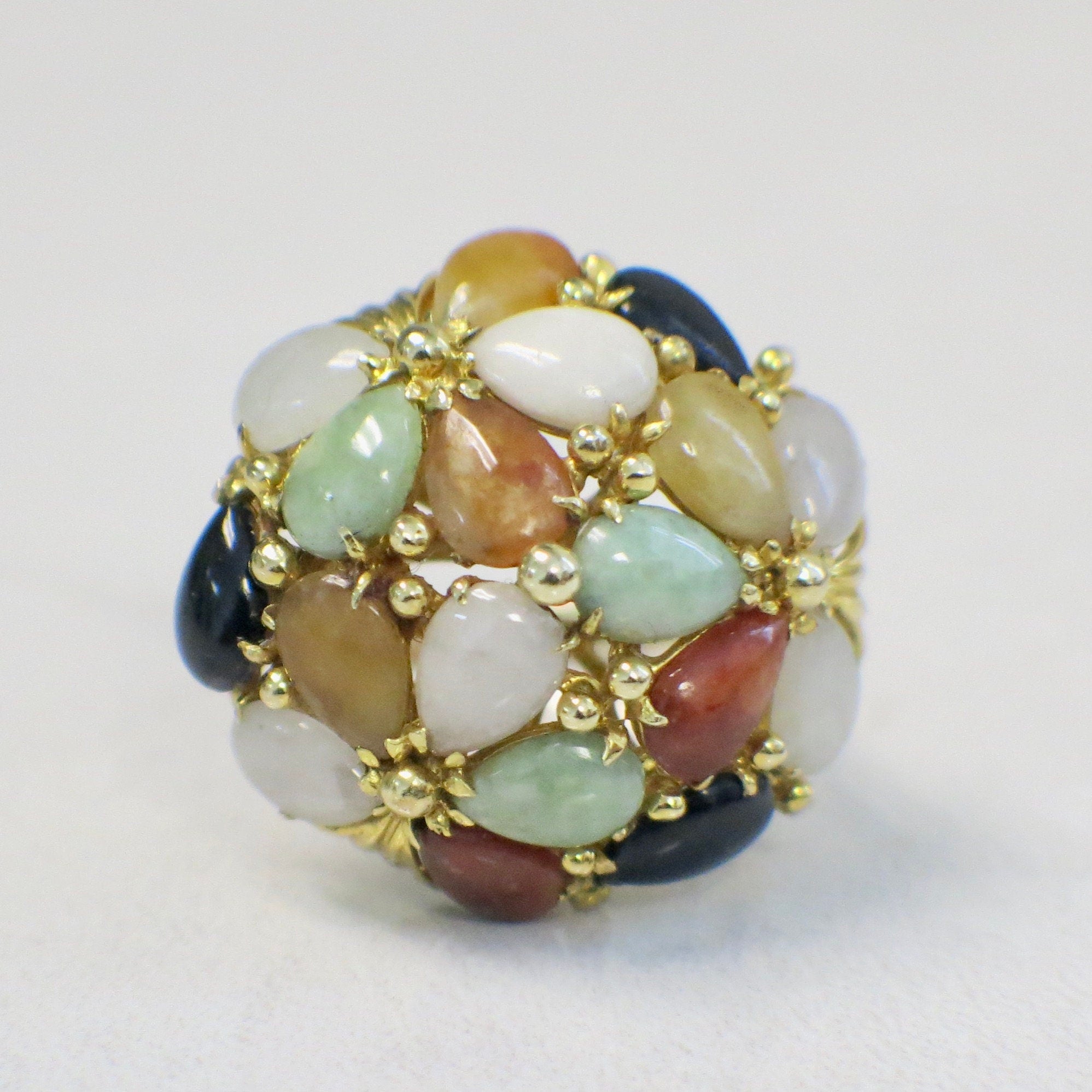 14K gold cocktail ring with multicolor jade, onyx, and carnelian cabochons in a cluster design, size 7.