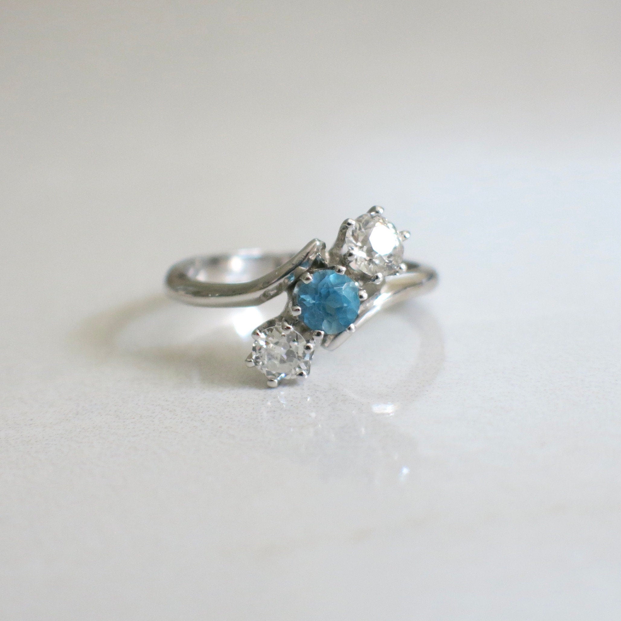 14K White Gold Aquamarine and Diamond Bypass Ring | Vintage Three Stone Size 8 - Black Market LLC