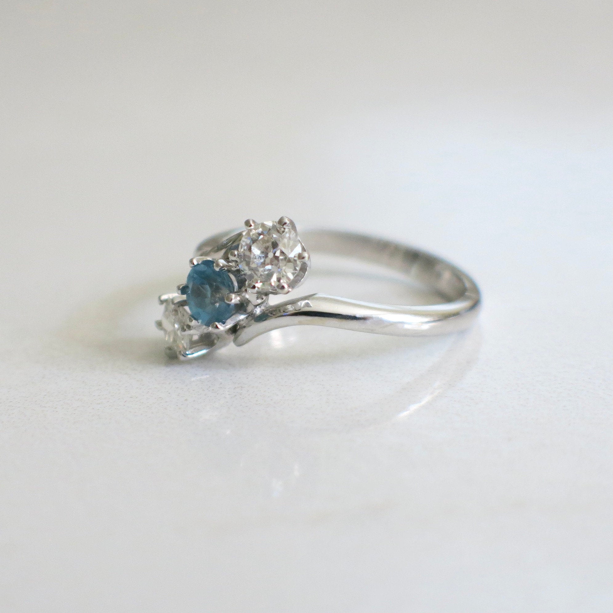 14K White Gold Aquamarine and Diamond Bypass Ring | Vintage Three Stone Size 8 - Black Market LLC