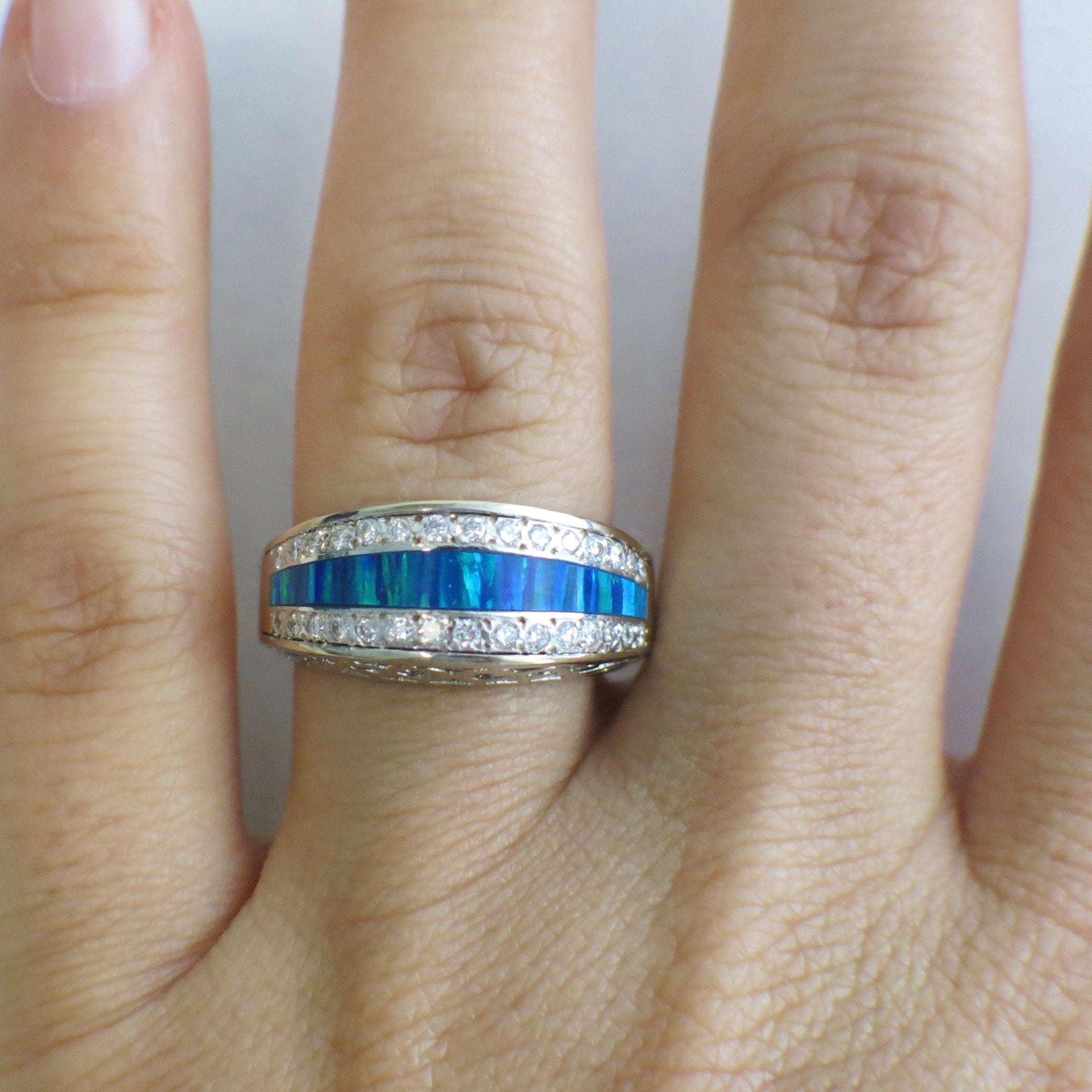 14K White Gold Australian Opal Inlay and Diamond Band, Vintage Filigree Ring - Black Market LLC