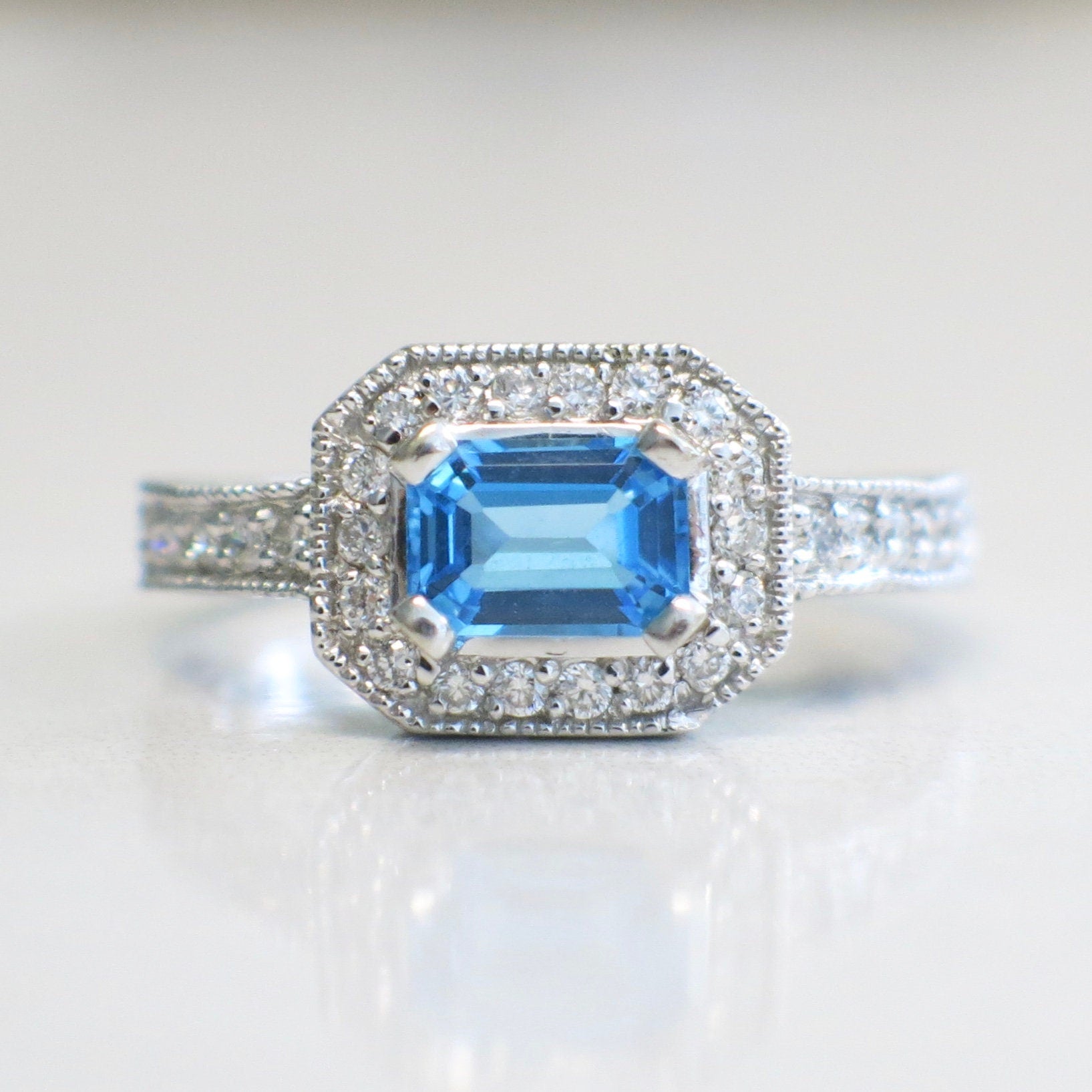14K White Gold Swiss Blue Topaz & Diamond Ring – East-West Halo, Size 8.5 - Black Market LLC