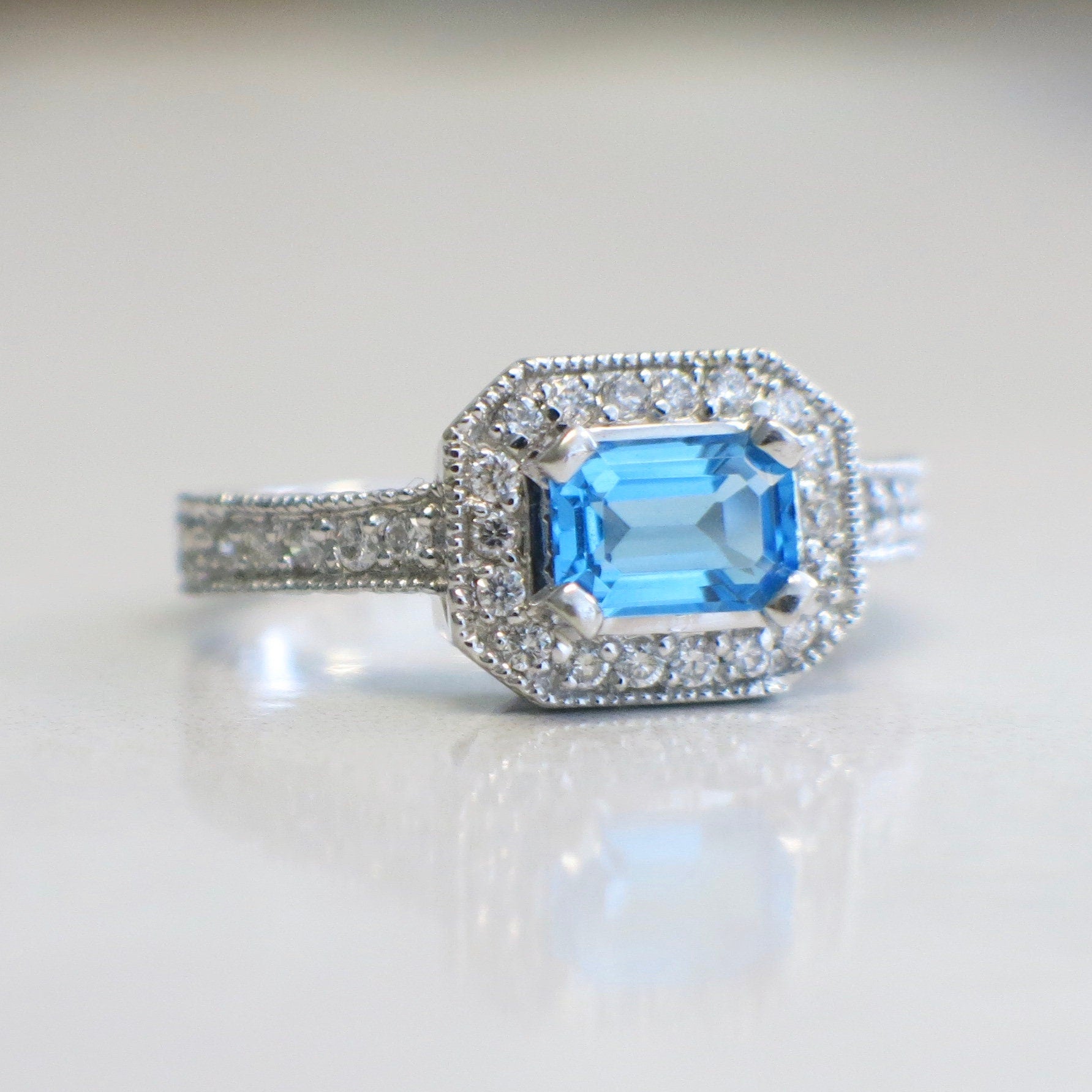 14K White Gold Swiss Blue Topaz & Diamond Ring – East-West Halo, Size 8.5 - Black Market LLC