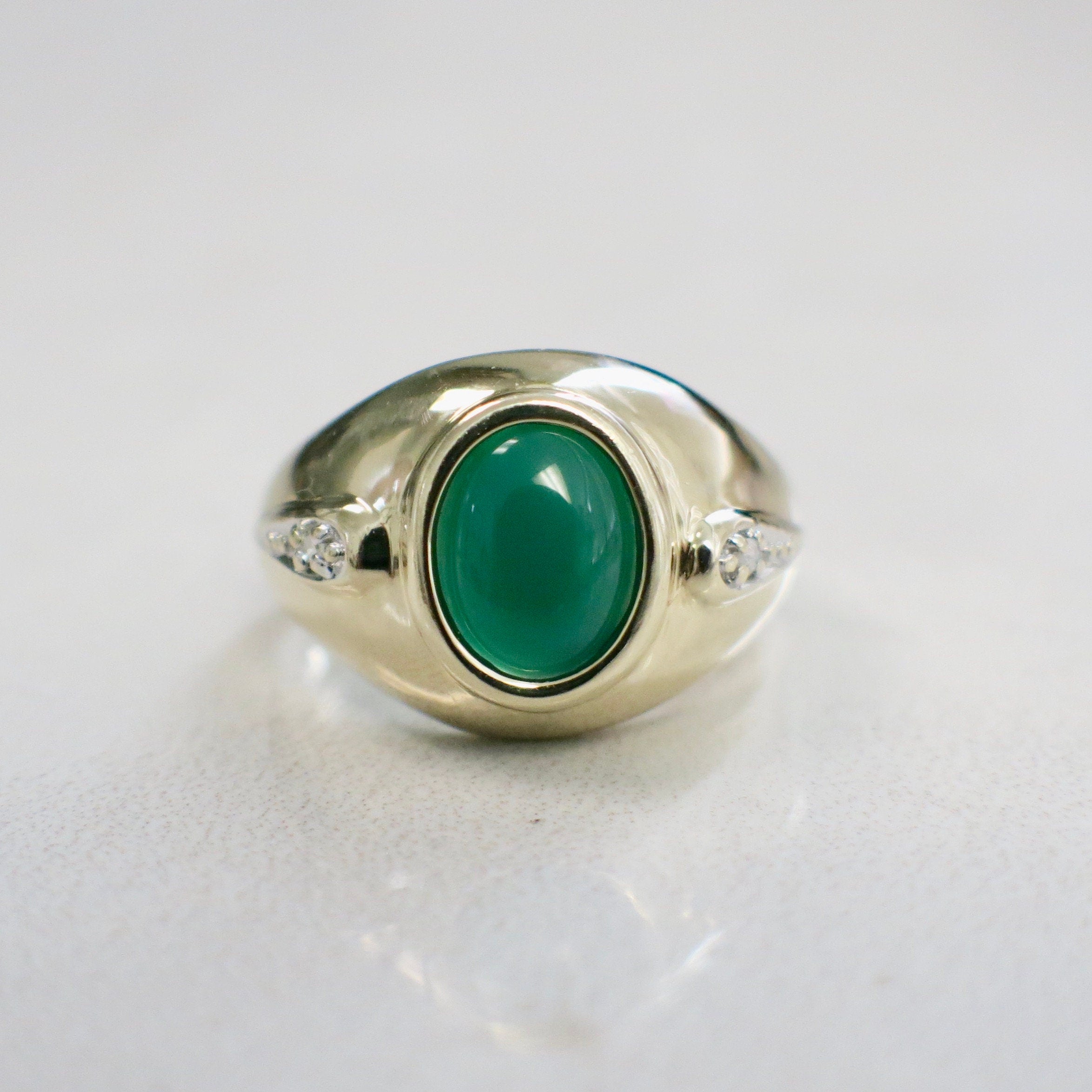 14K Yellow Gold Chrysoprase Cabochon Ring with Diamond Accents – Size 6 - Black Market LLC