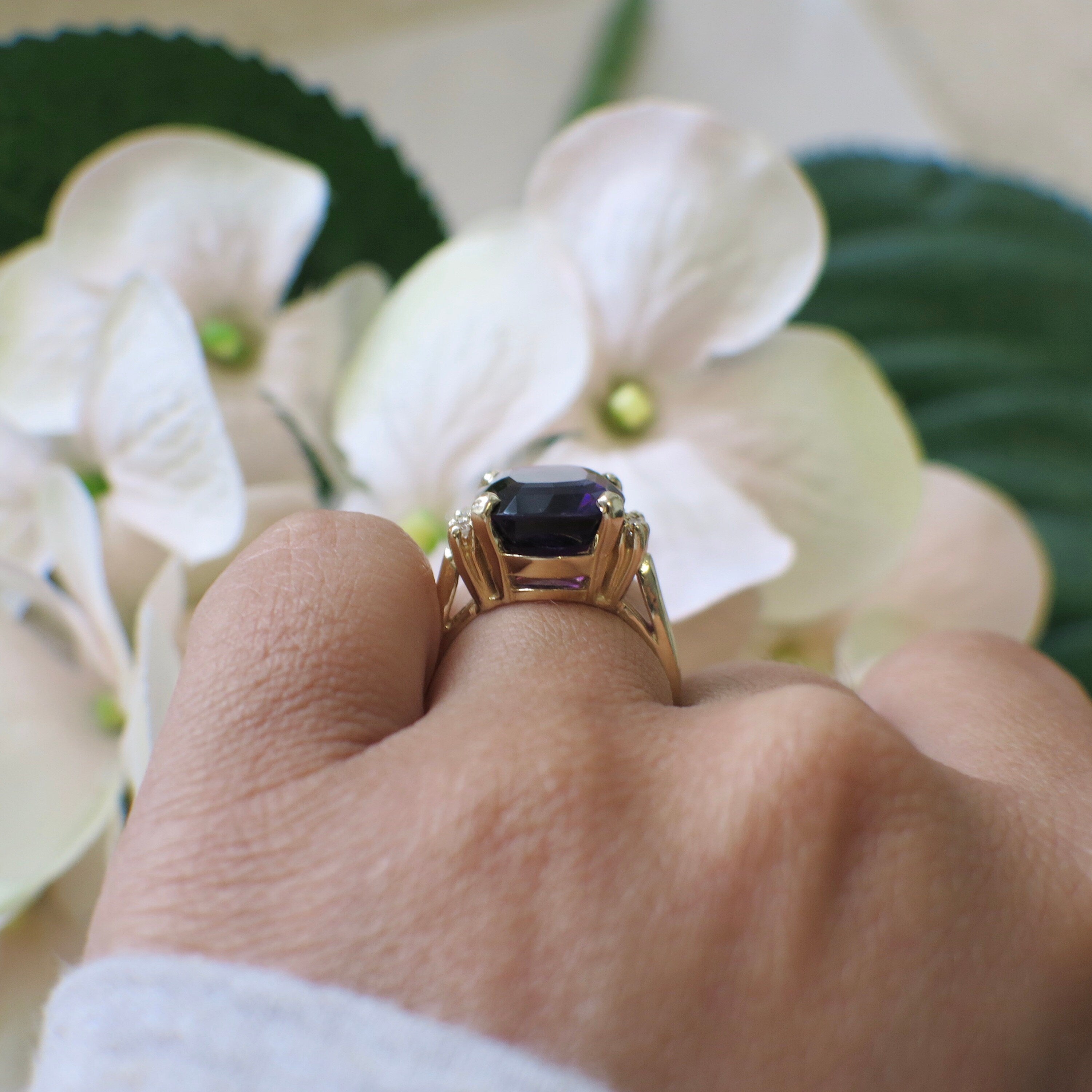 14K yellow gold cushion cut amethyst and diamond cocktail ring, size 5.25, featuring a vibrant purple gemstone and sparkling accents.