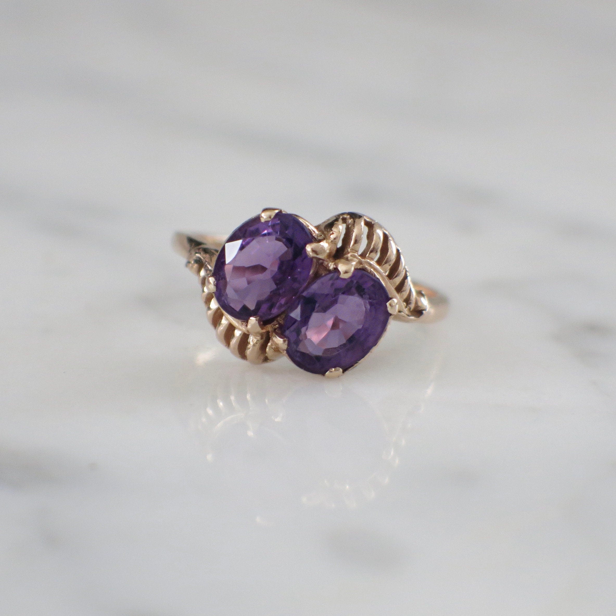 14K Yellow Gold Double Oval Amethyst Ring | Vintage Style Statement Ring Size 7.5 - Black Market LLC