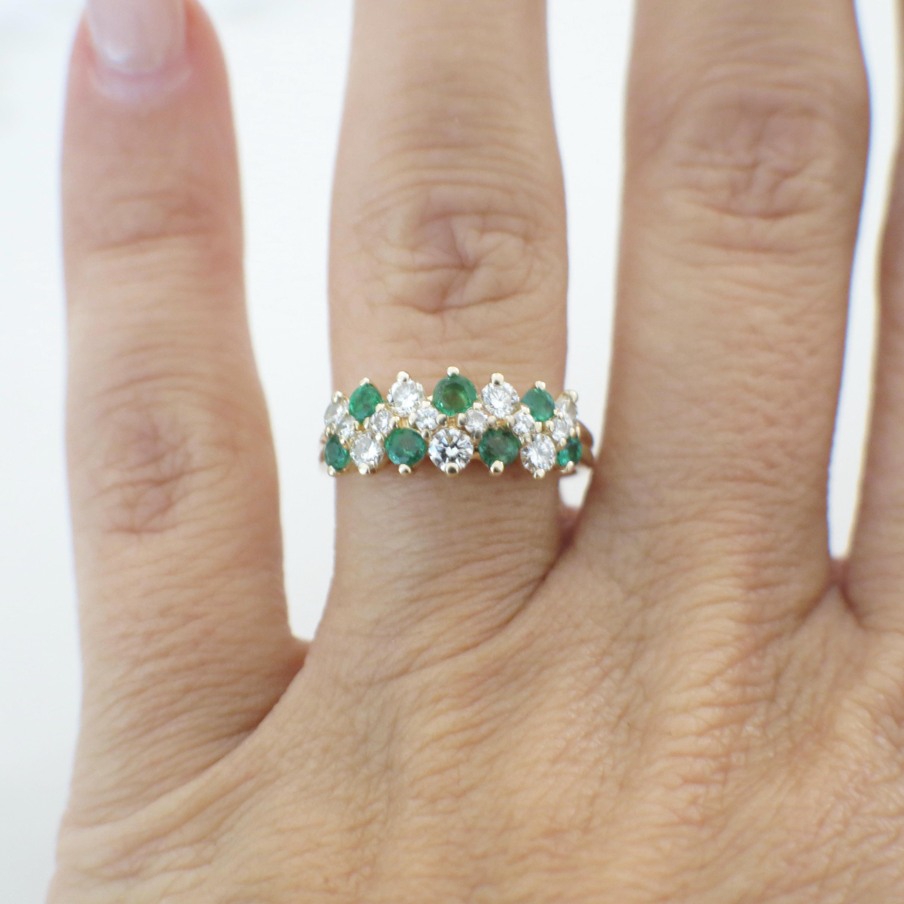 14K Yellow Gold Emerald and Diamond Band – Vintage Cluster Ring Size 6.25 - Black Market LLC