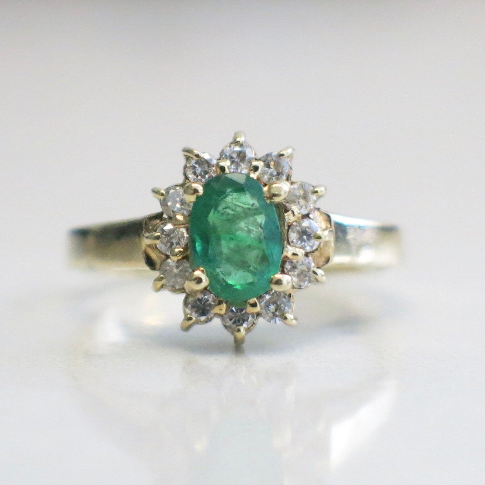 14K Yellow Gold Emerald and Diamond Halo Ring | Oval May Birthstone Size 3.75 - Black Market LLC
