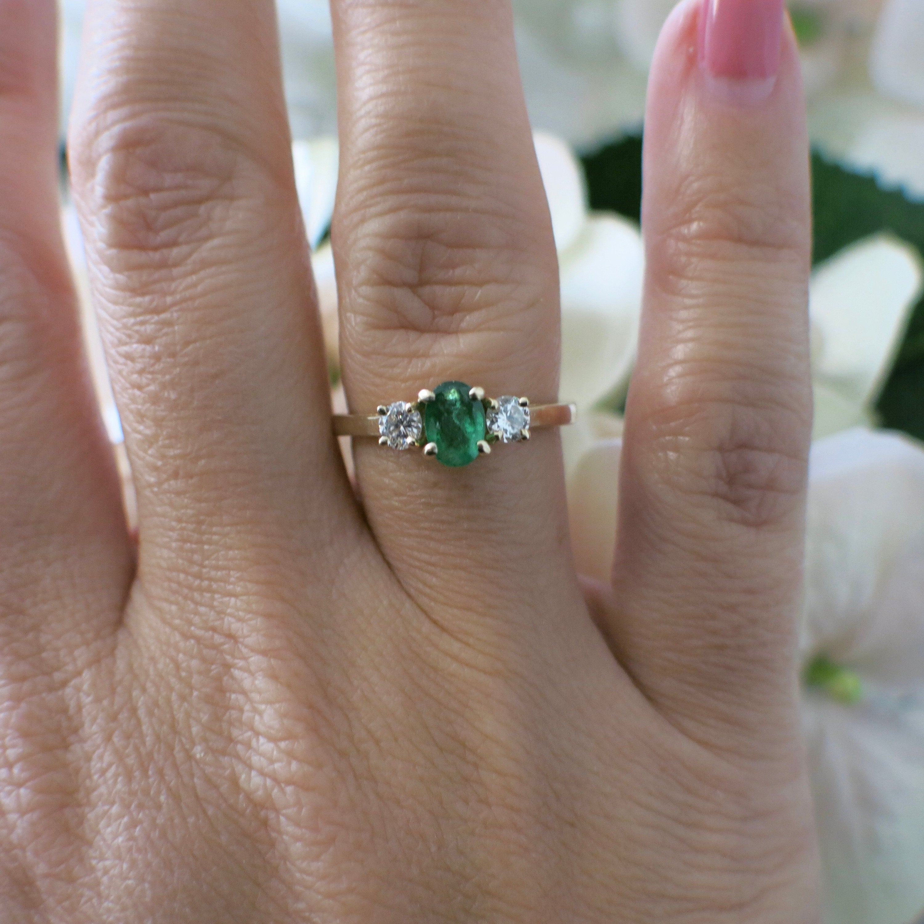 14K Yellow Gold Emerald and Diamond Three-Stone Ring | Classic Engagement or Anniversary - Black Market LLC