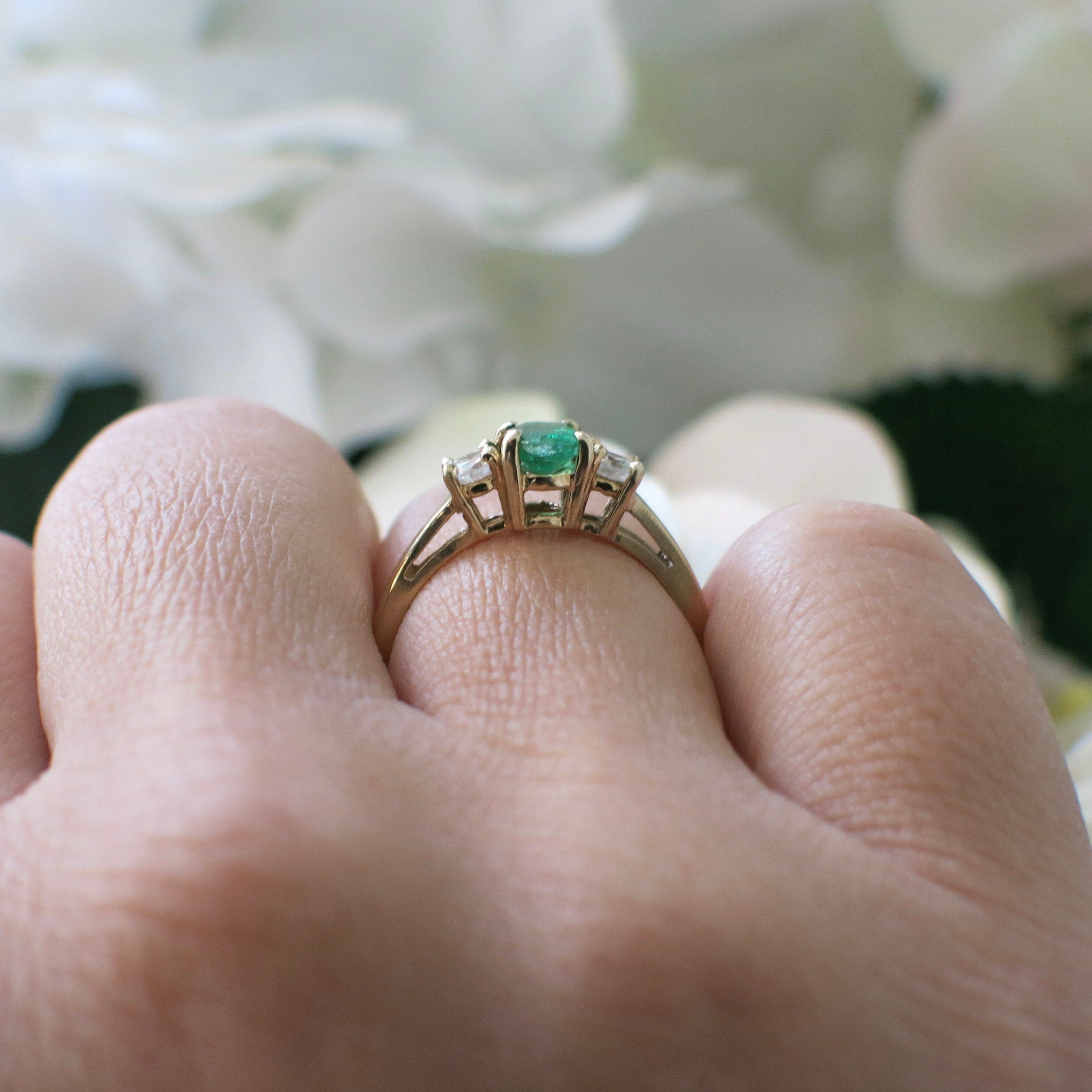 14K Yellow Gold Emerald and Diamond Three-Stone Ring | Classic Engagement or Anniversary - Black Market LLC