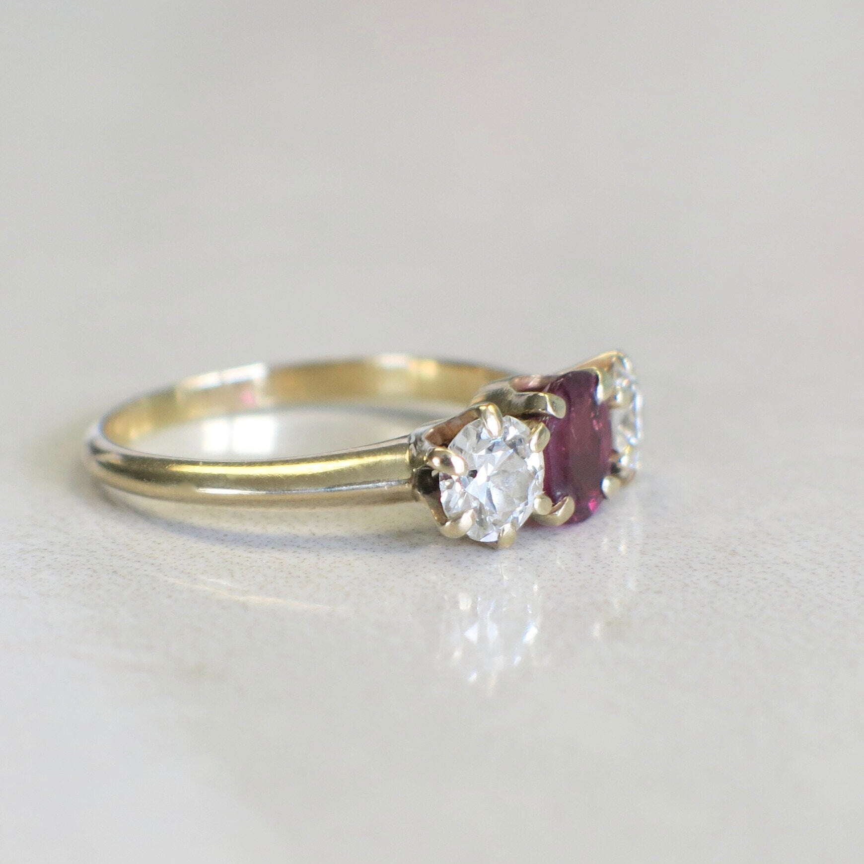 14K Yellow Gold Ruby and Diamond Three-Stone Ring | Vintage Alternative Engagement 1.00ctw Size 5.75 - Black Market LLC