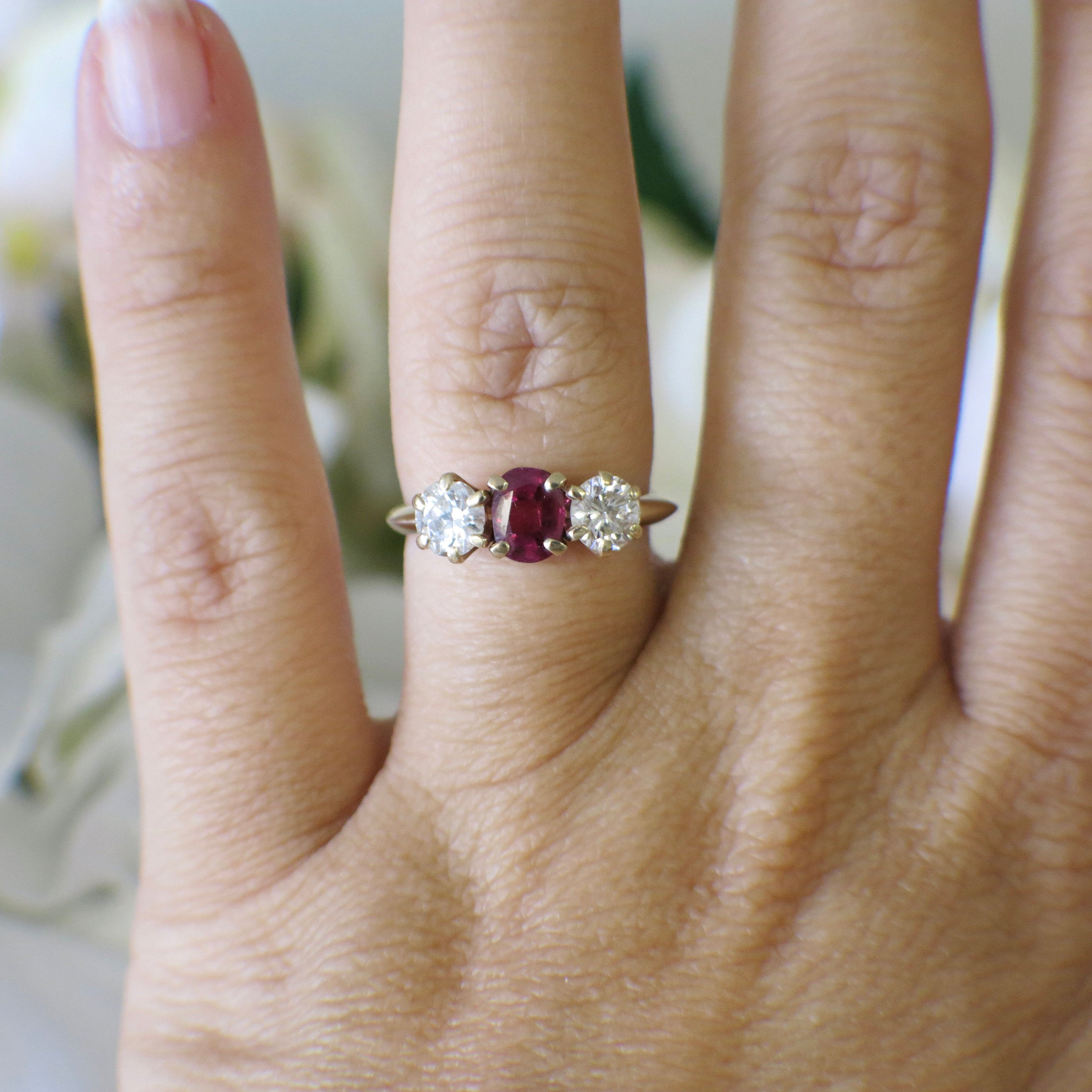 14K Yellow Gold Ruby and Diamond Three-Stone Ring | Vintage Alternative Engagement 1.00ctw Size 5.75 - Black Market LLC