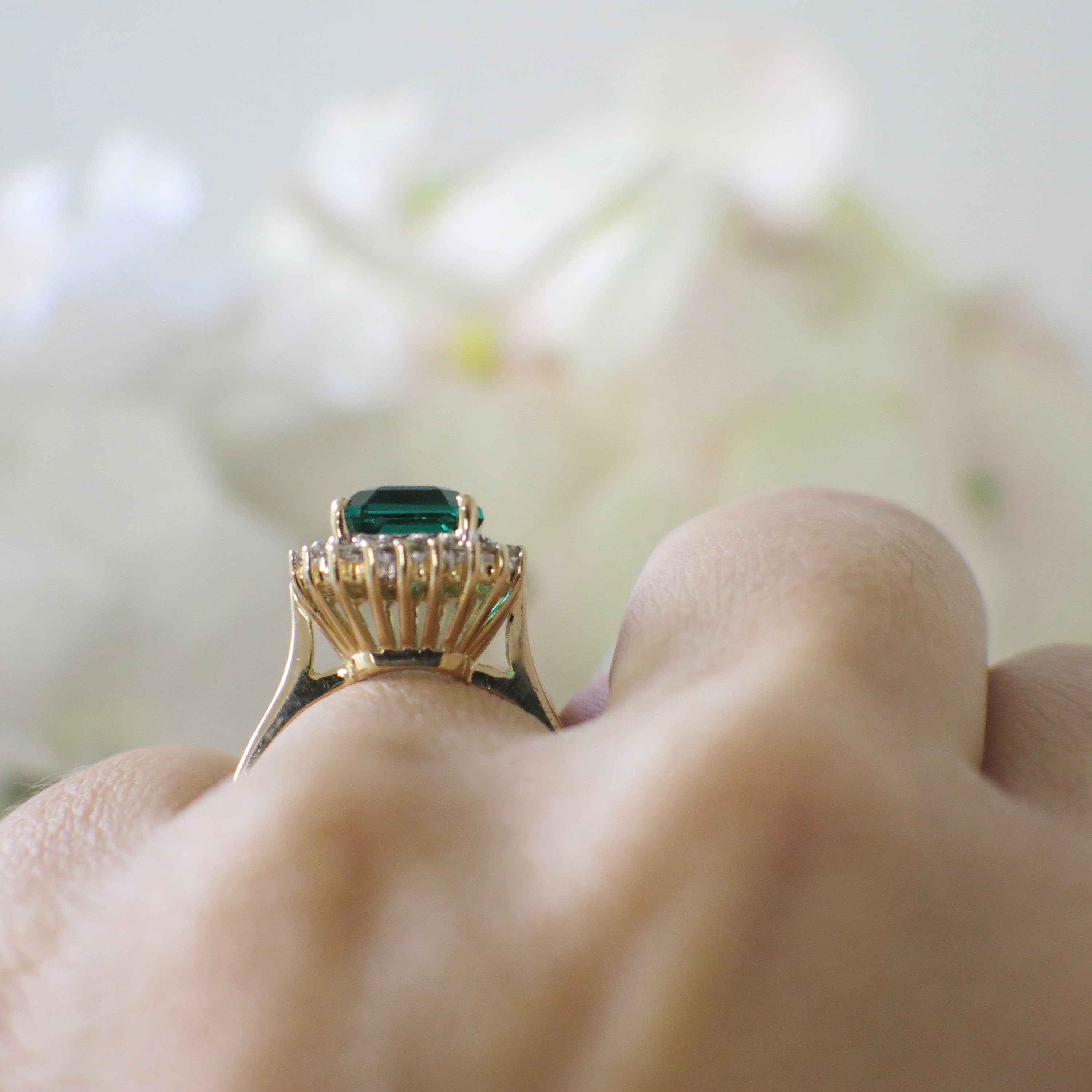 14K yellow gold synthetic emerald and diamond halo ring, vintage-inspired design, size 8.5, by Black Market LLC.