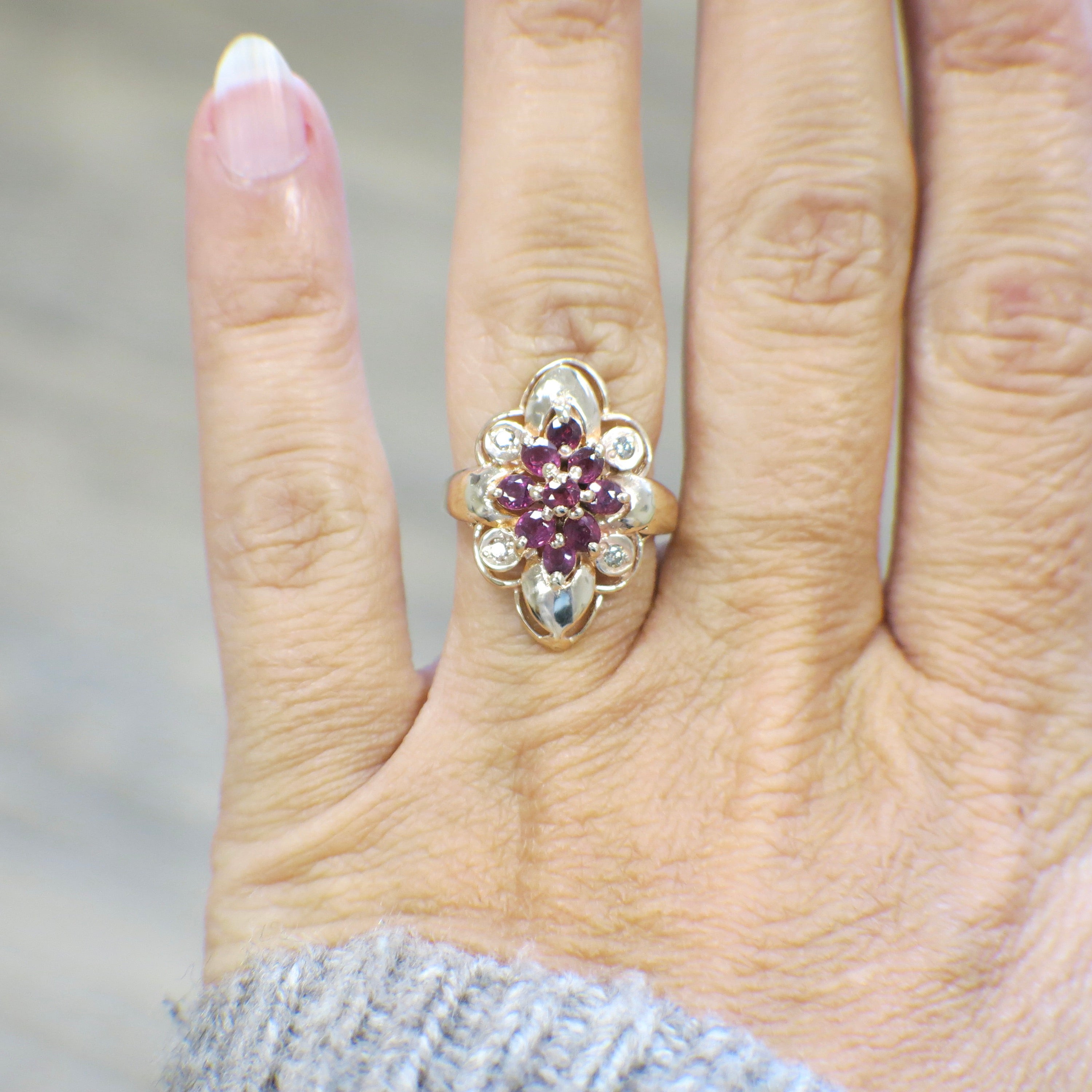 18K Rose Gold Ruby and Diamond Floral Cluster Ring – Vintage Natural Ruby Flower Design – Size 6 - Black Market LLC