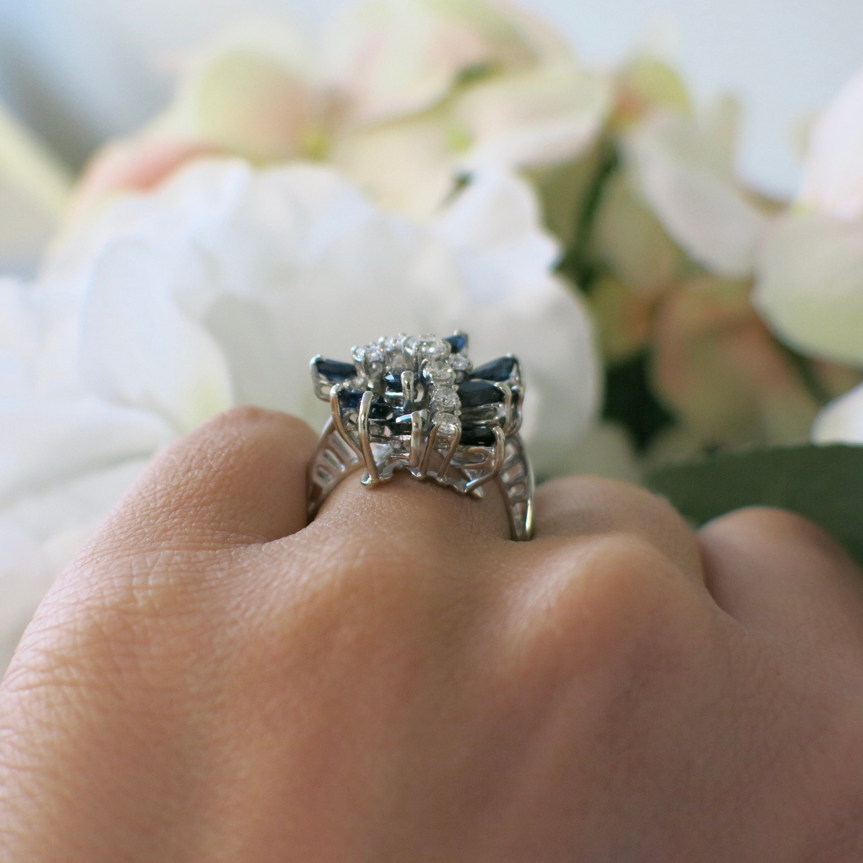 18K White Gold Marquise Sapphire & Diamond Cluster Ring – Vintage Statement, Size 7 - Black Market LLC