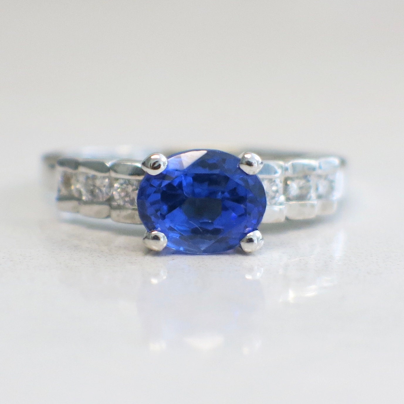 18K White Gold Oval Tanzanite and Diamond Ring – East to West Setting, Size 8.5 - Black Market LLC