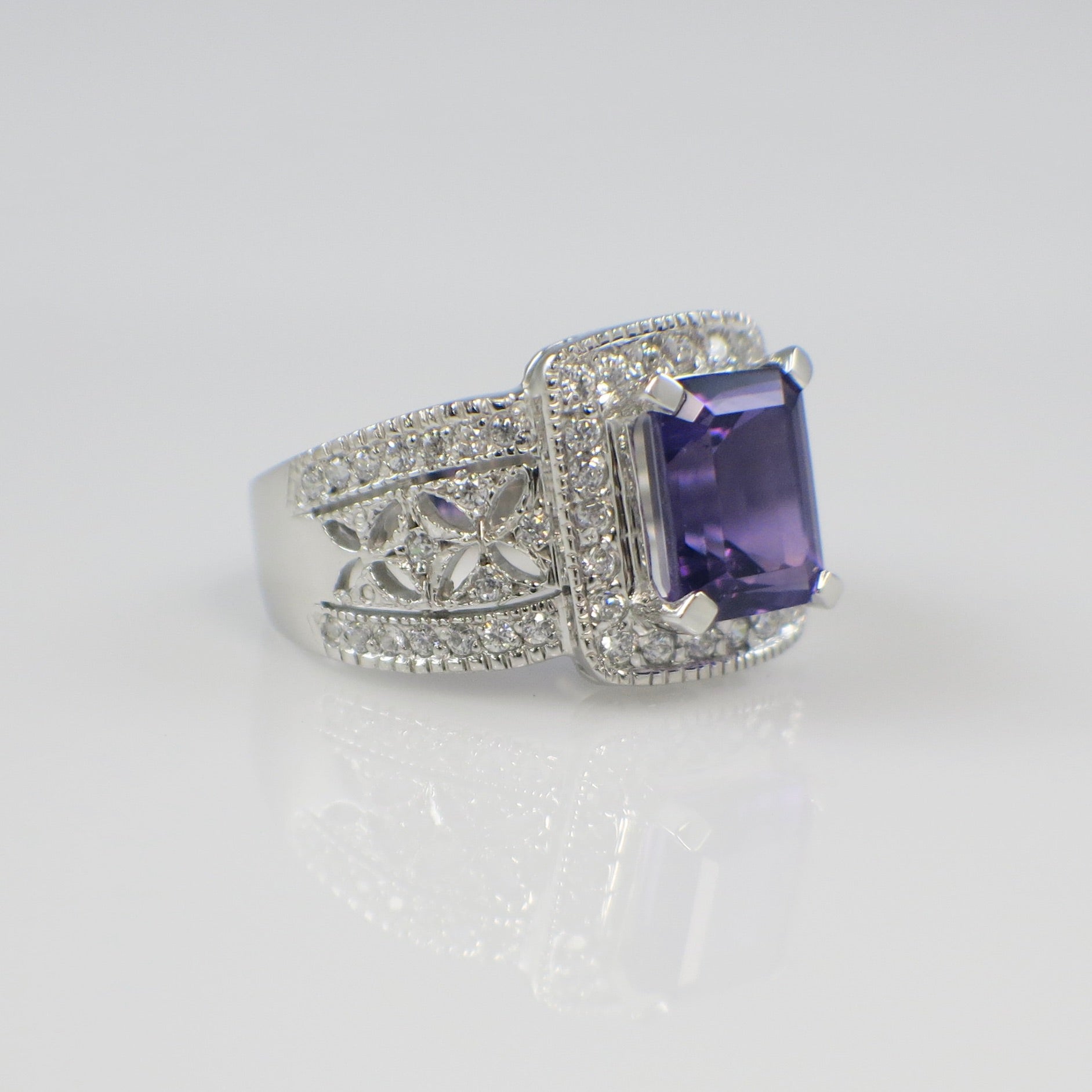 Emerald Cut Amethyst and Diamond Halo Ring in 14K White Gold – February Birthstone Jewelry - Black Market LLC