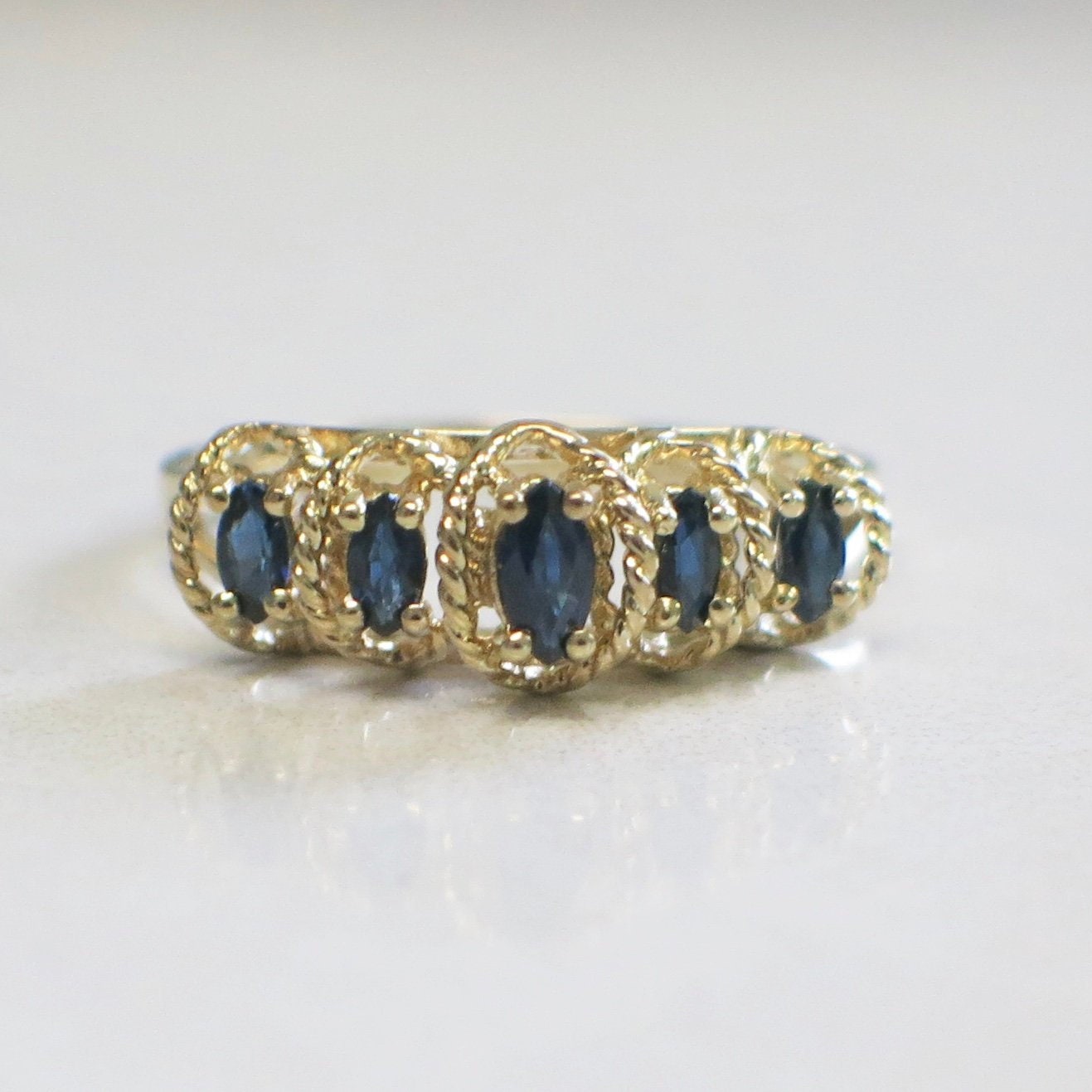 Five-Stone Sapphire Ring | Marquise Sapphires in 10K Yellow Gold Vintage Band Size 9 - Black Market LLC