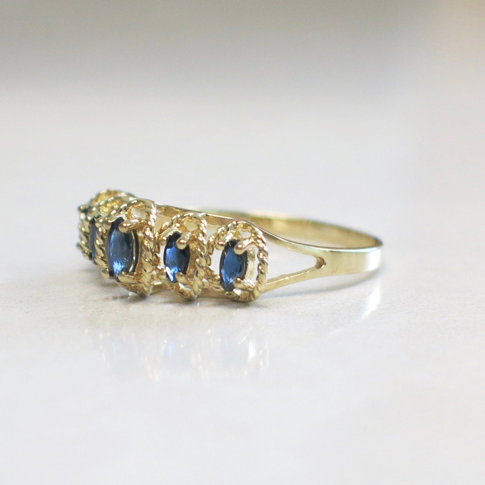 Five-Stone Sapphire Ring | Marquise Sapphires in 10K Yellow Gold Vintage Band Size 9 - Black Market LLC