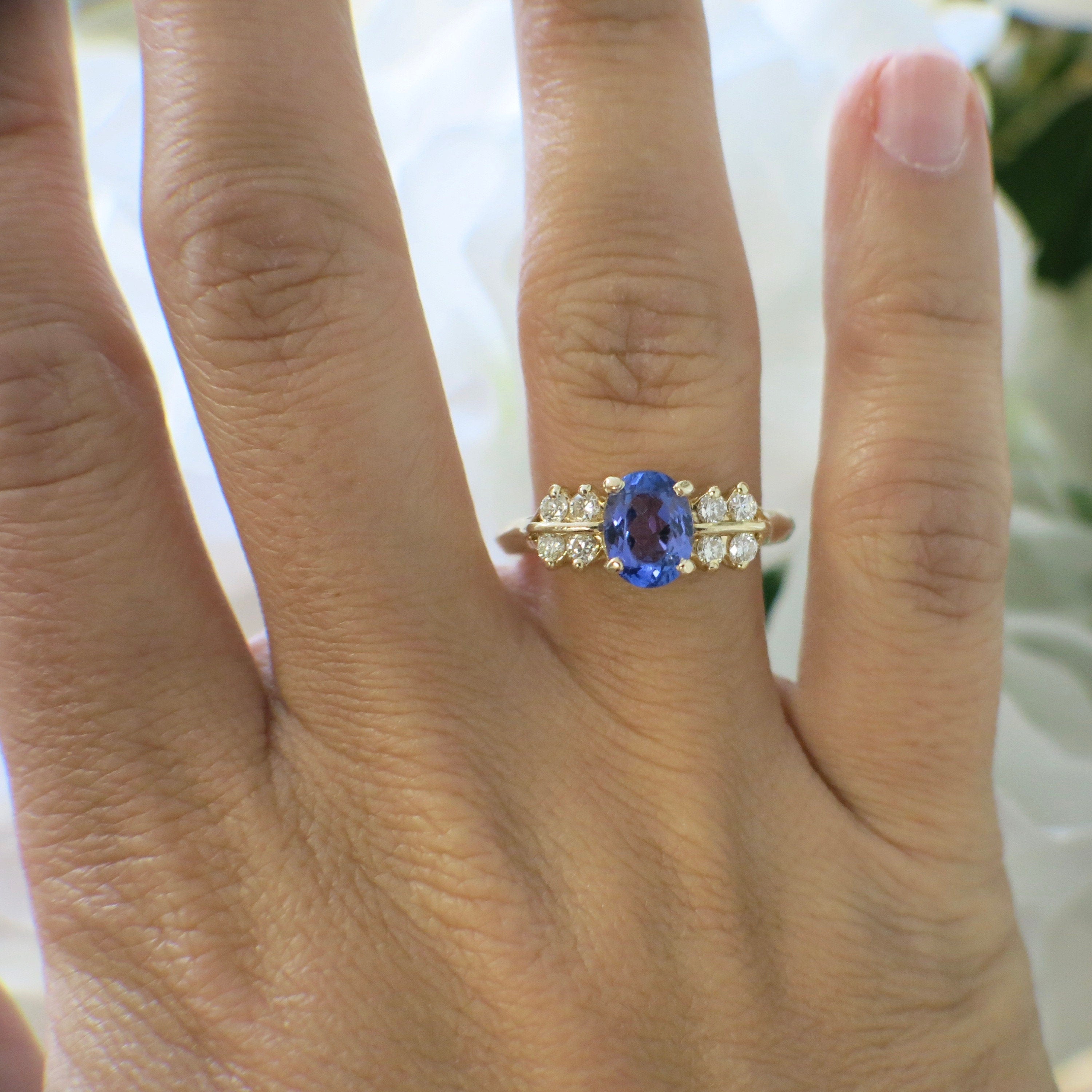 Oval Tanzanite and Diamond Ring – 14K Yellow Gold, AA Grade, Size 8.5 - Black Market LLC