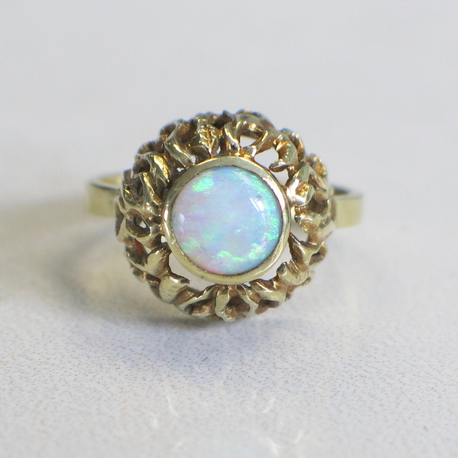 Vintage 14K Yellow Gold Opal Ring | Bezel Set Round Cabochon October Birthstone - Black Market LLC