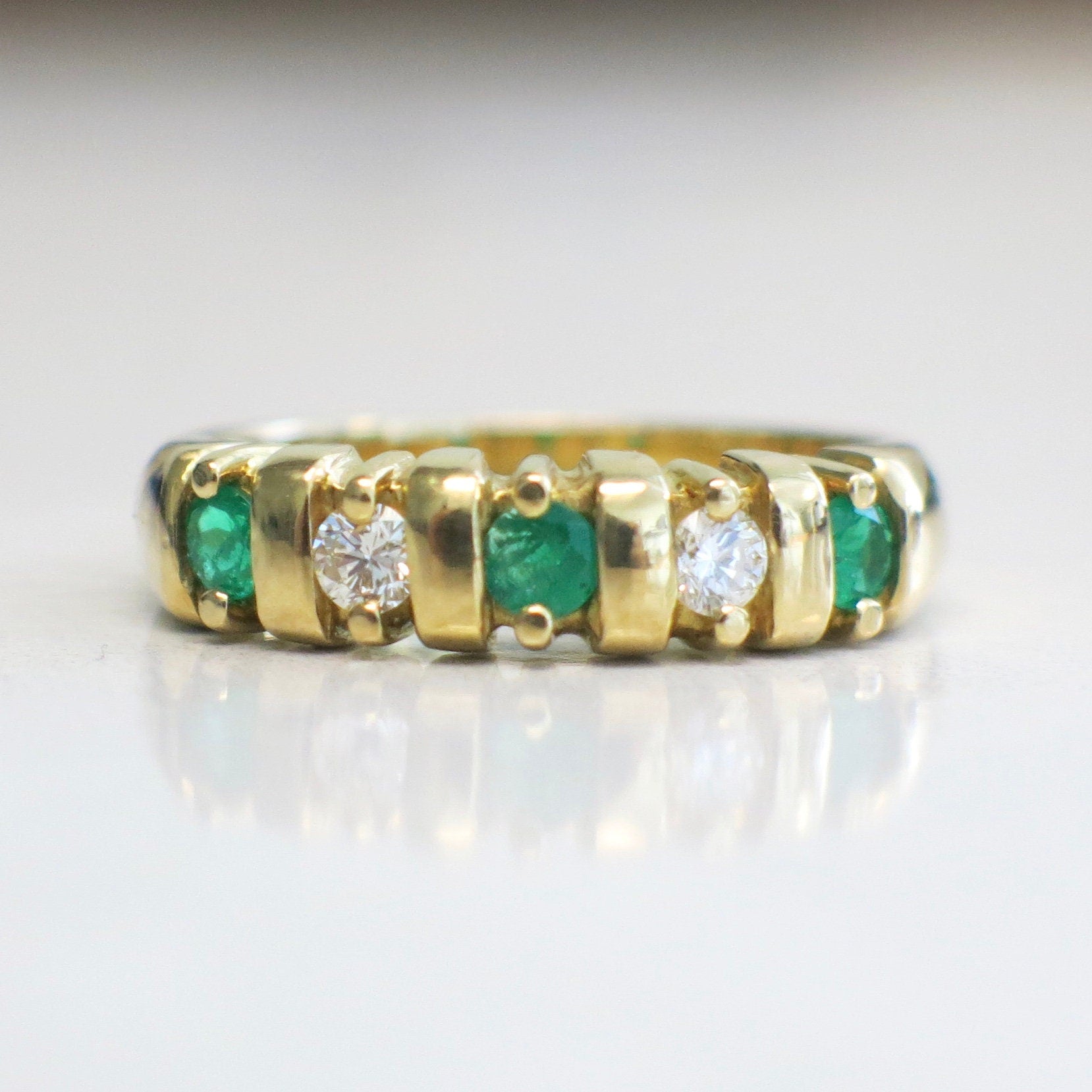 Vintage 18K Yellow Gold Emerald & Diamond Band – Five Stone Anniversary Ring, Size 7 - Black Market LLC