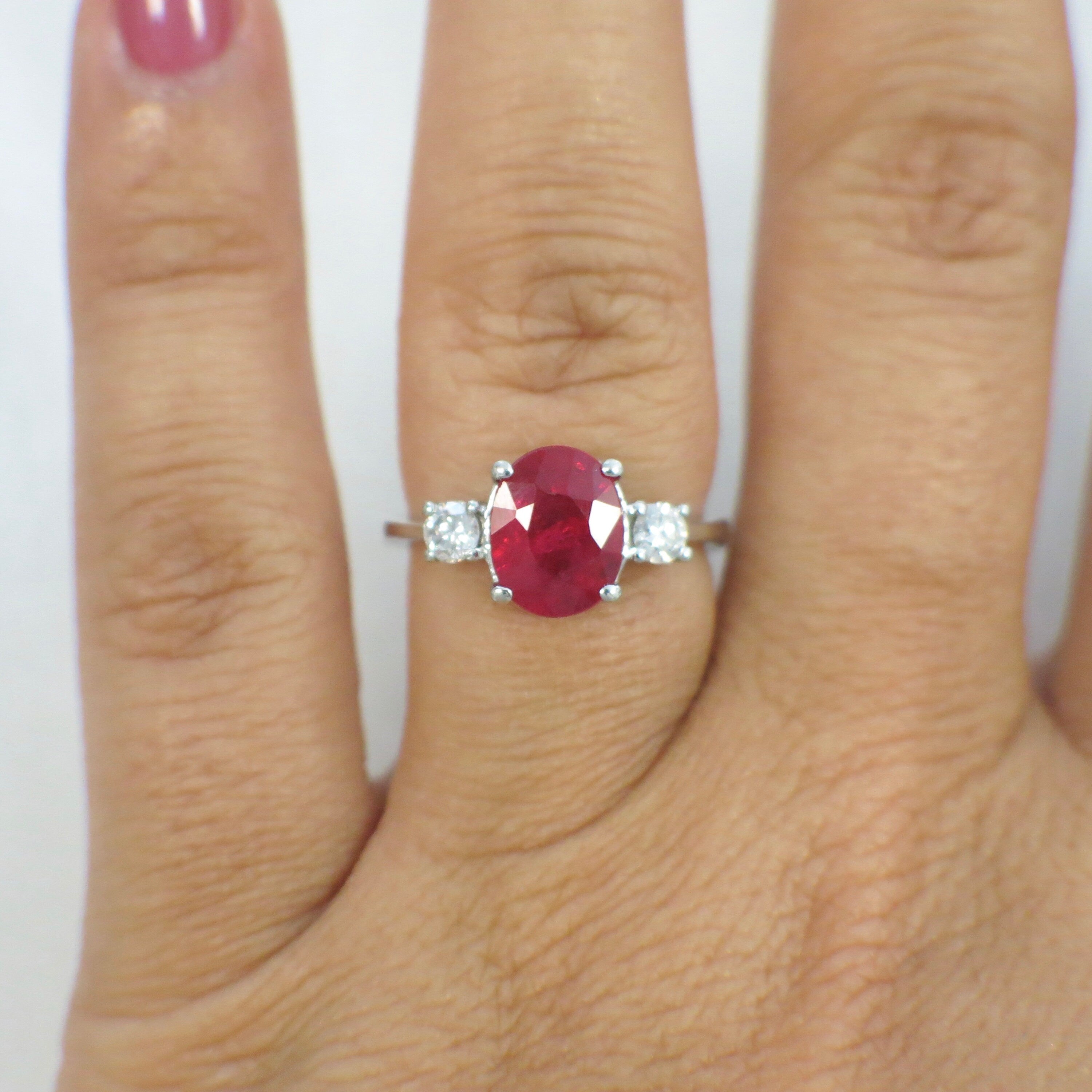 Vintage Ruby and DiamVintage Oval Ruby and Diamond Ring | 14K White Gold Three Stone Engagement 1.9ct Size 5.25ond Ring | 14K White Gold Three Stone 1.9ct - Black Market LLC