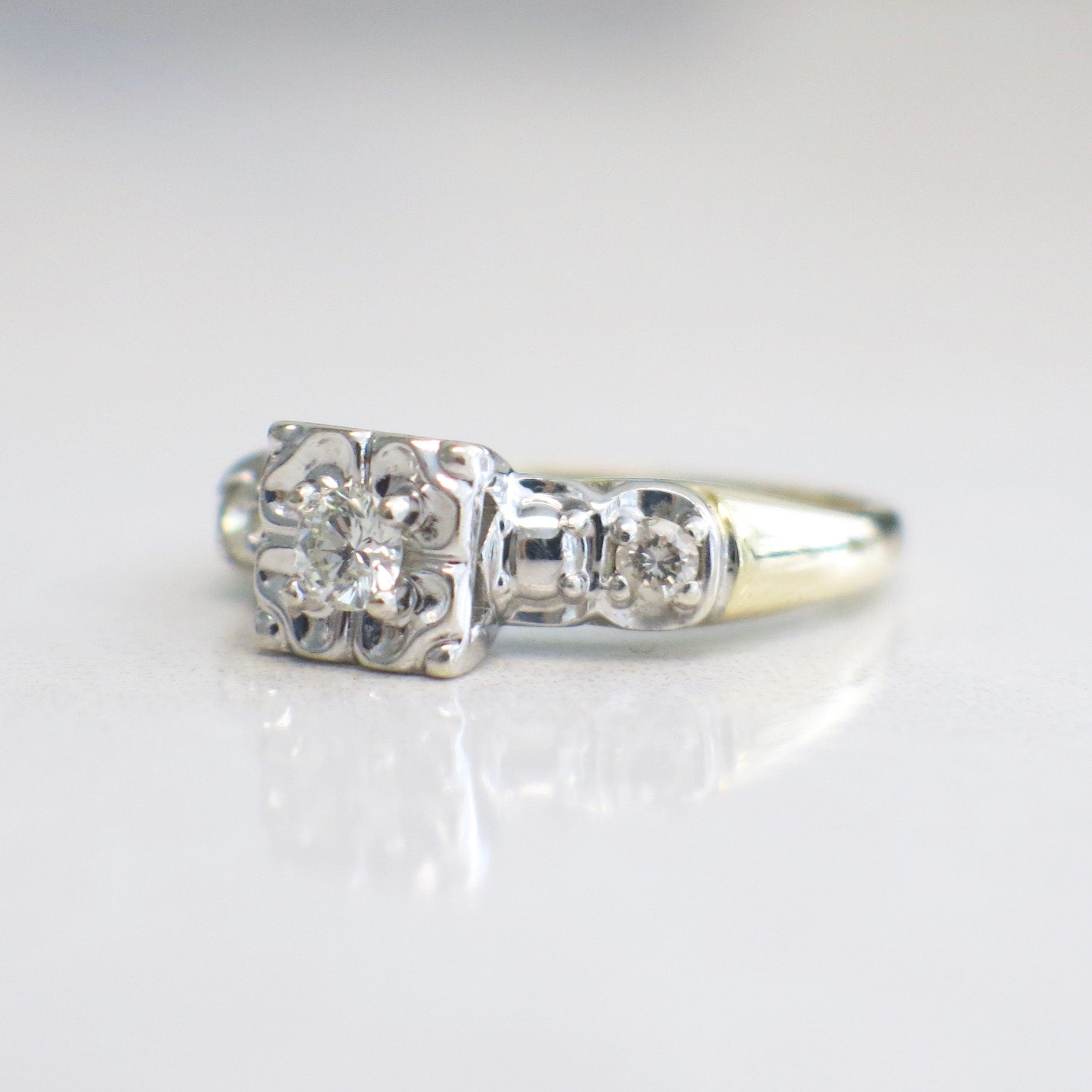 14K Two-Tone Diamond Engagement Ring – Floral Illusion Setting, Size 5.5 - Black Market LLC