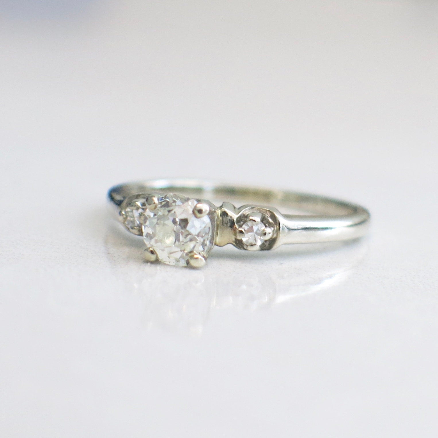 14K White Gold Old European Cut Diamond Engagement Ring | Vintage Antique Solitaire Style Size 7.5 - Black Market LLC