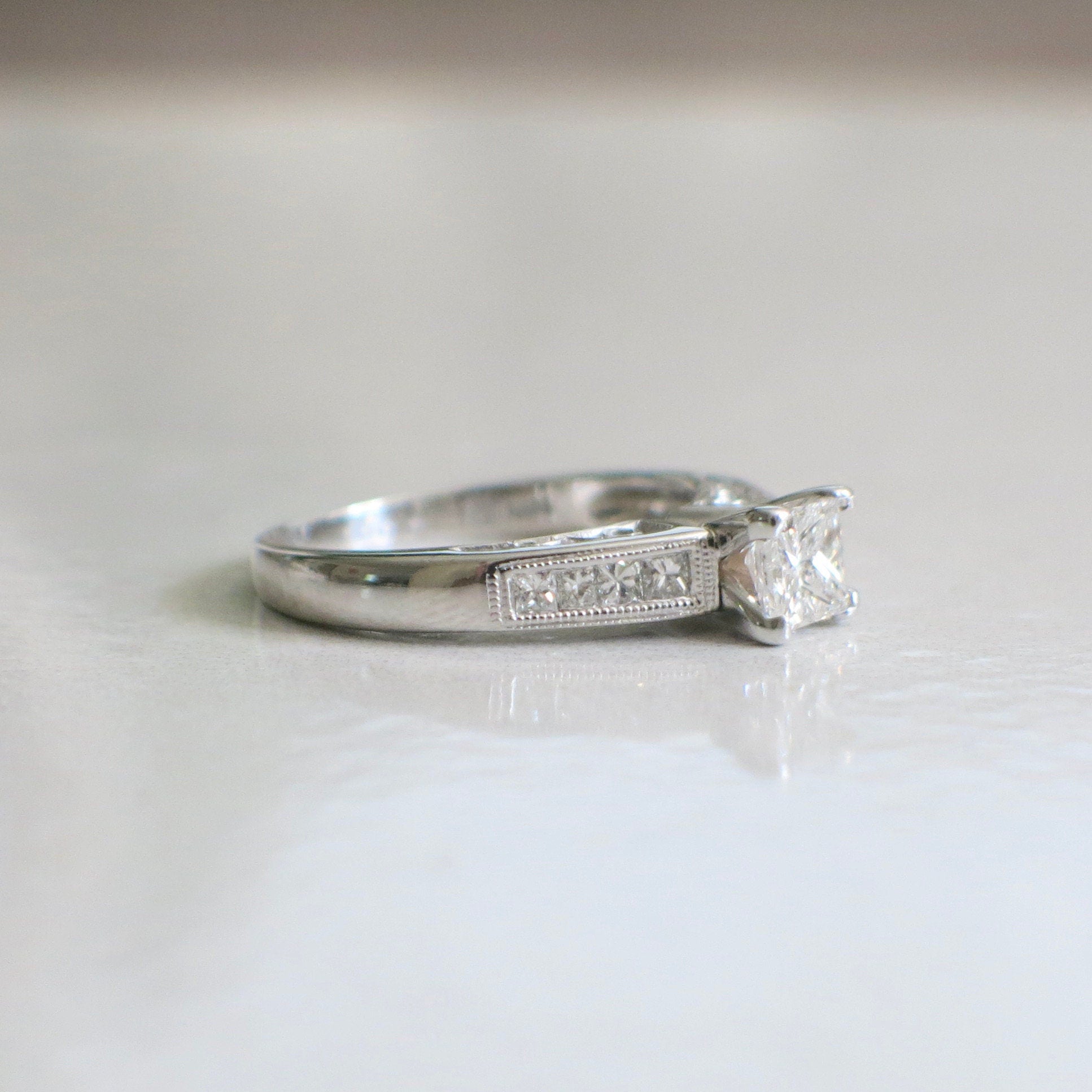 14K White Gold Princess Cut Diamond Engagement Ring – Milgrain Accents, .75 CTW, Size 6.25 - Black Market LLC