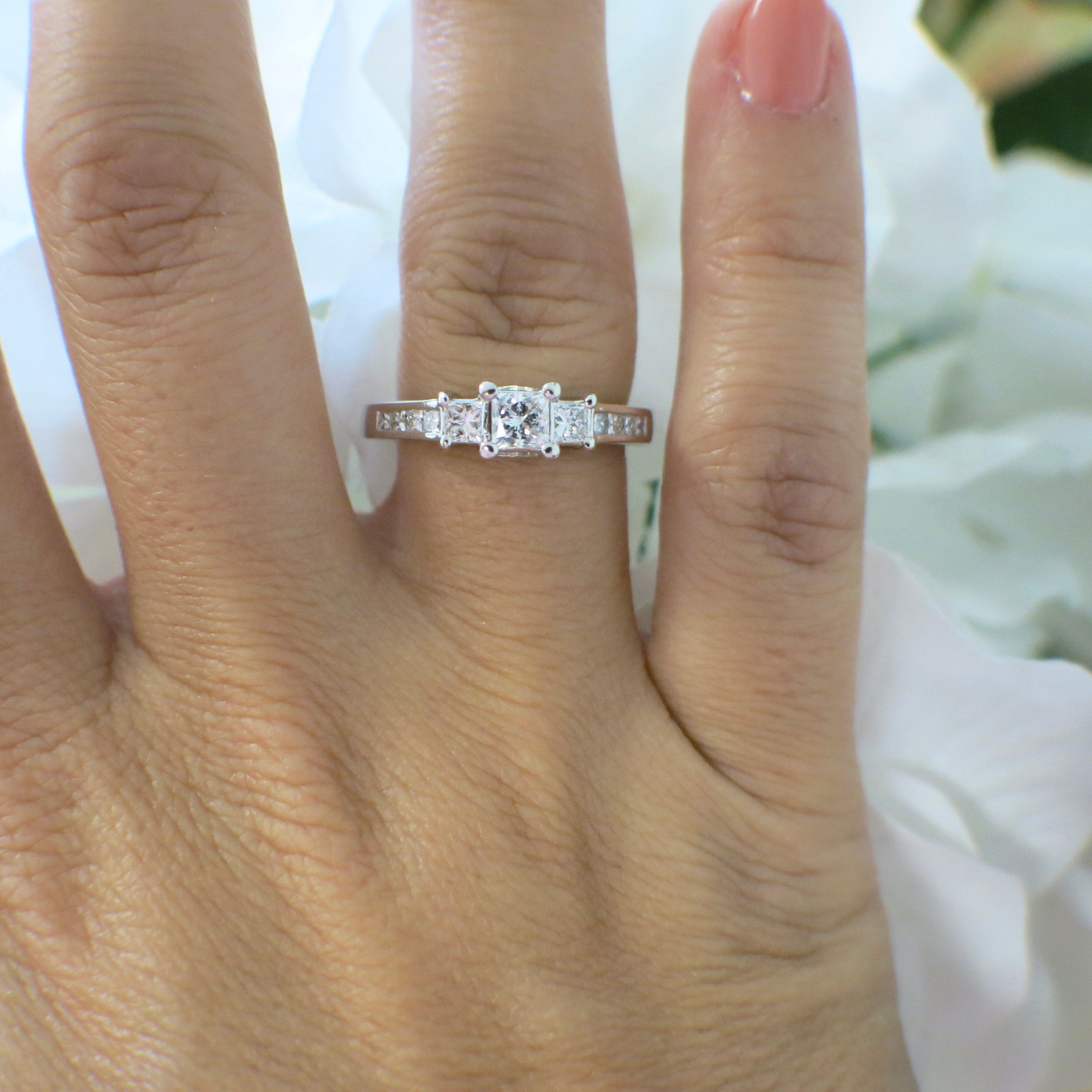 14K White Gold Princess Cut Three-Stone Diamond Engagement Ring – .78 CTW, Hidden Profile Diamonds, Size 6.5 - Black Market LLC