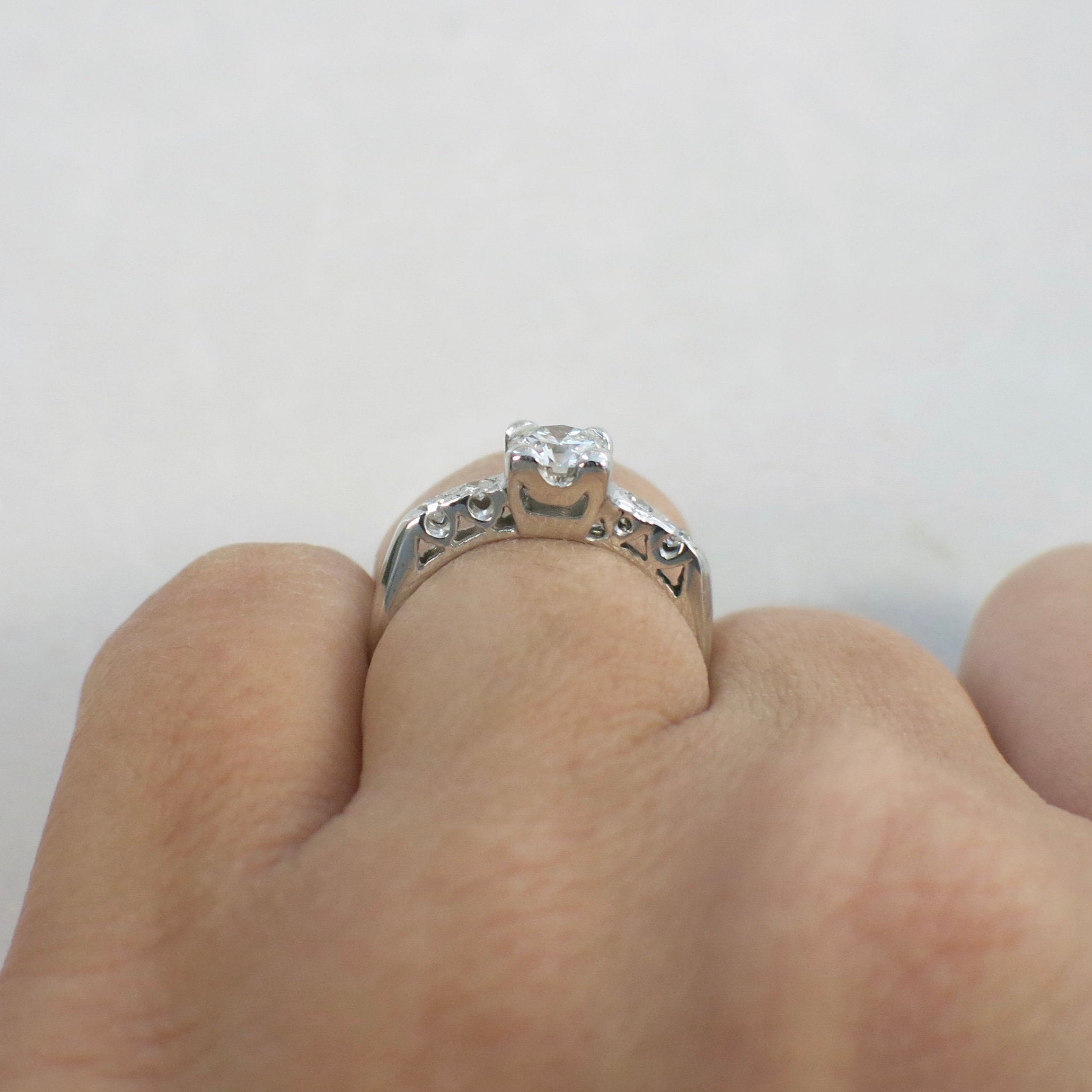 14K White Gold Vintage Diamond Engagement Ring, .56 CTW, Round Brilliant & Single Cut, Size 4.75, Classic Antique Style - Black Market LLC