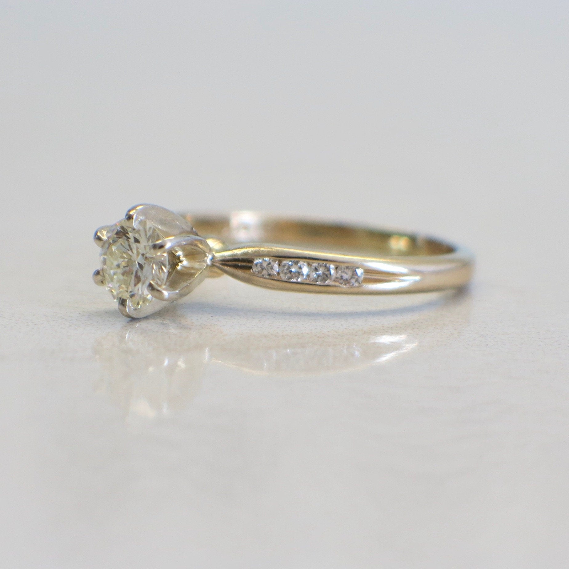 14K Yellow Gold Diamond Engagement Ring – Six-Prong Solitaire with Channel Set Accents, Size 6 - Black Market LLC