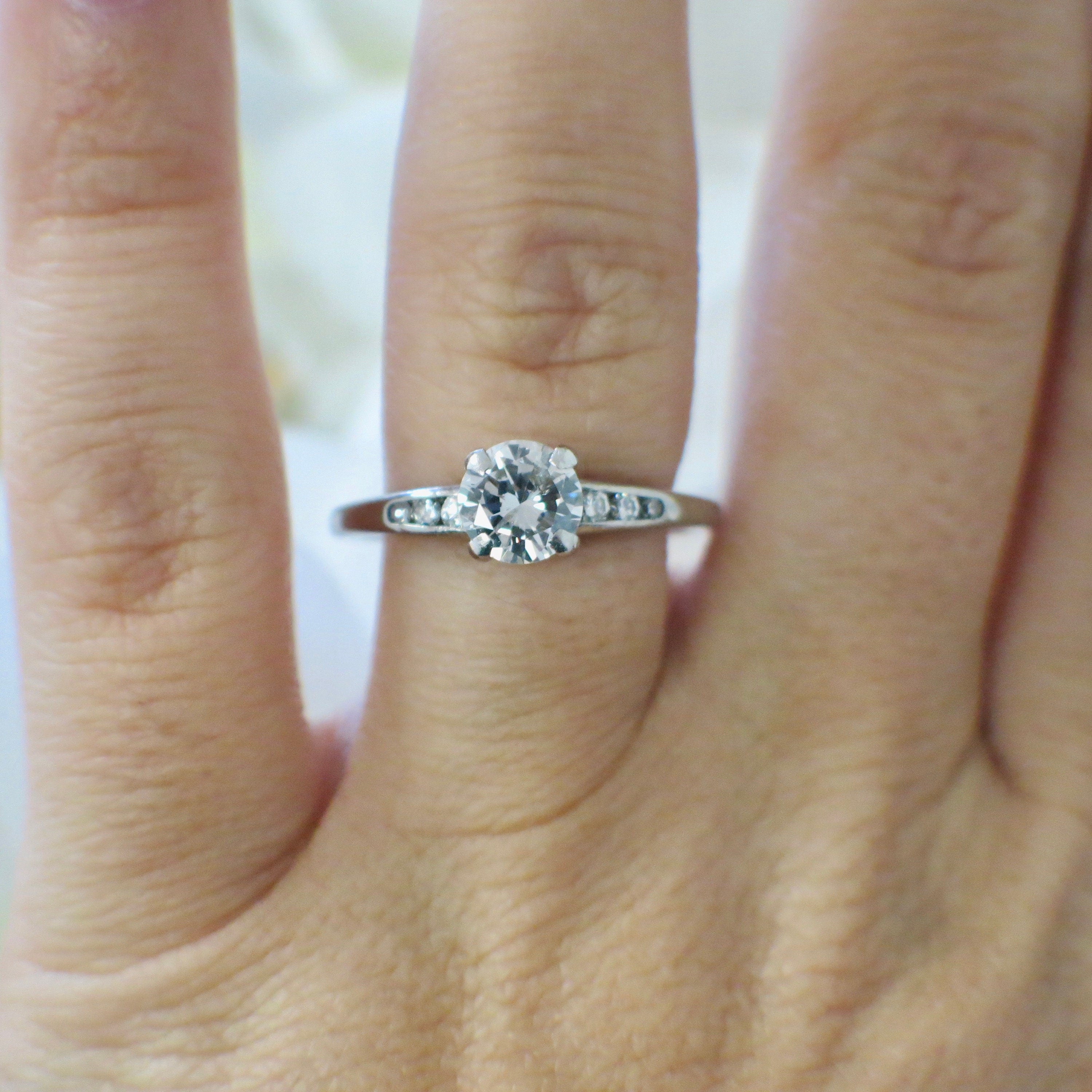 18K White Gold Diamond Engagement Ring | .85ct Center with Channel-Set Accents, Vintage Style Size 8 - Black Market LLC