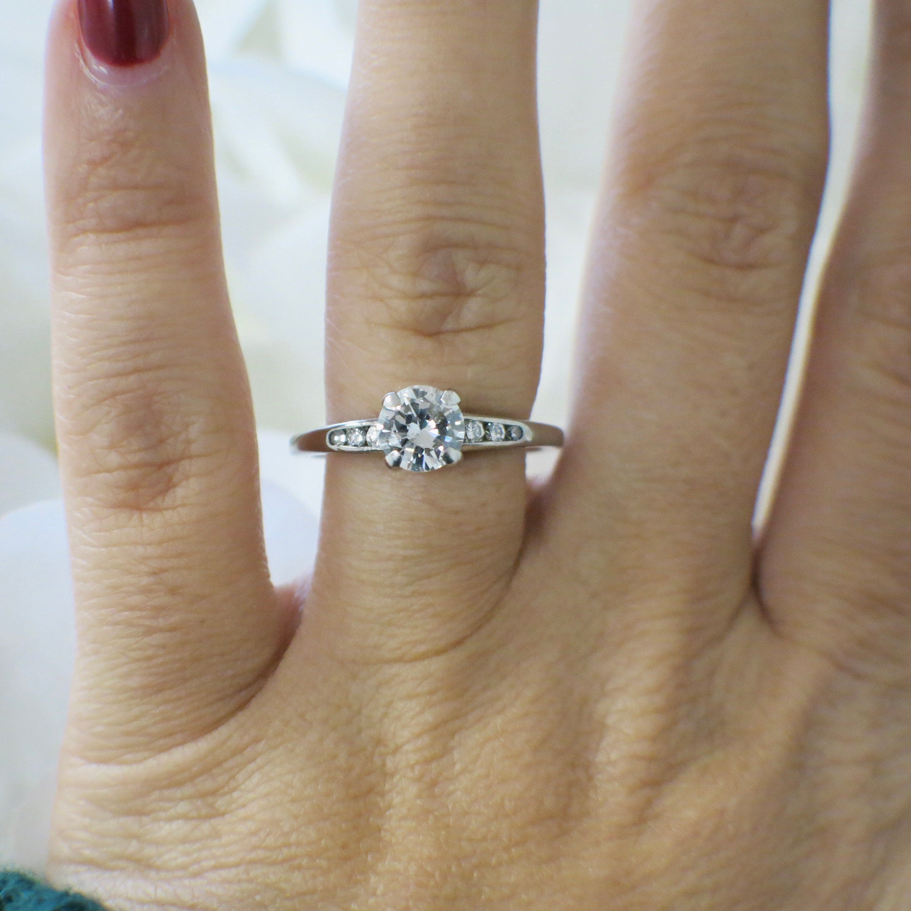 18K White Gold Diamond Engagement Ring | .85ct Center with Channel-Set Accents, Vintage Style Size 8 - Black Market LLC