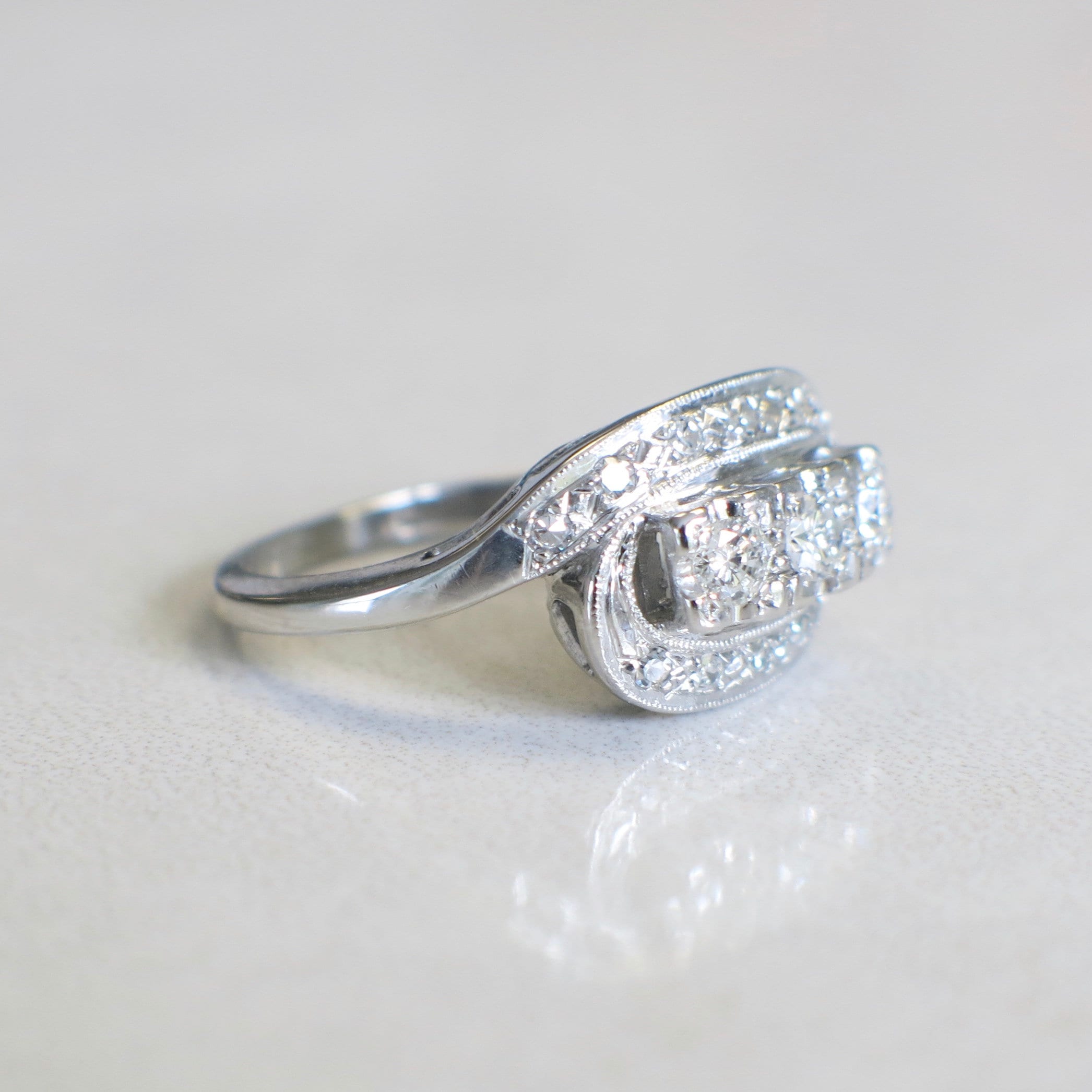 Art Deco 14K White Gold Three Stone Diamond Ring | Vintage Milgrain Engagement or Cocktail Ring - Black Market LLC