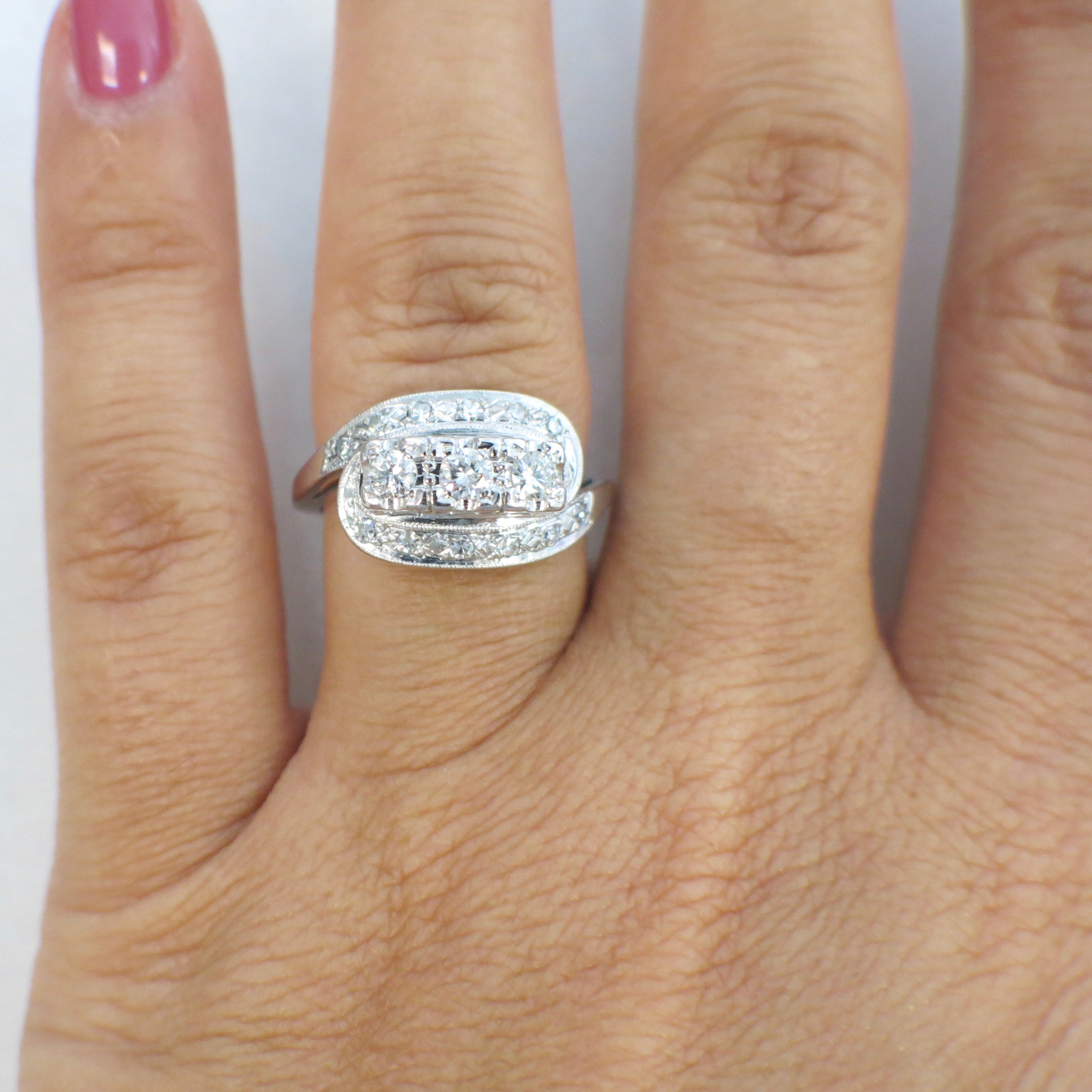 Art Deco 14K White Gold Three Stone Diamond Ring | Vintage Milgrain Engagement or Cocktail Ring - Black Market LLC