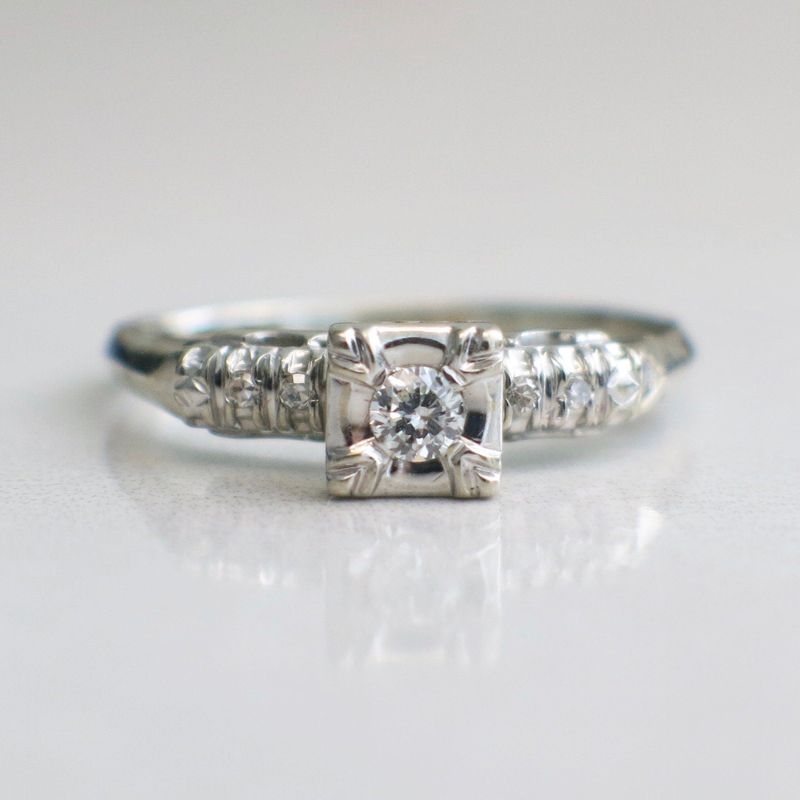 Vintage 14K White Gold Diamond Engagement Ring | Square Head Setting Size 8.5 - Black Market LLC