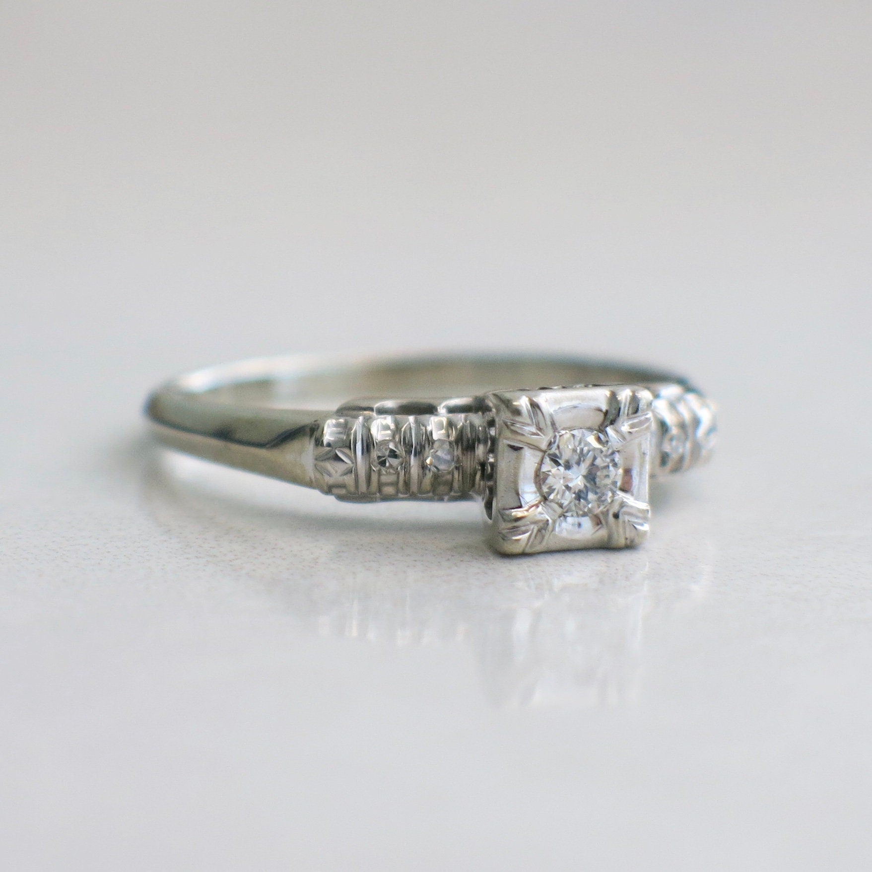 Vintage 14K White Gold Diamond Engagement Ring | Square Head Setting Size 8.5 - Black Market LLC