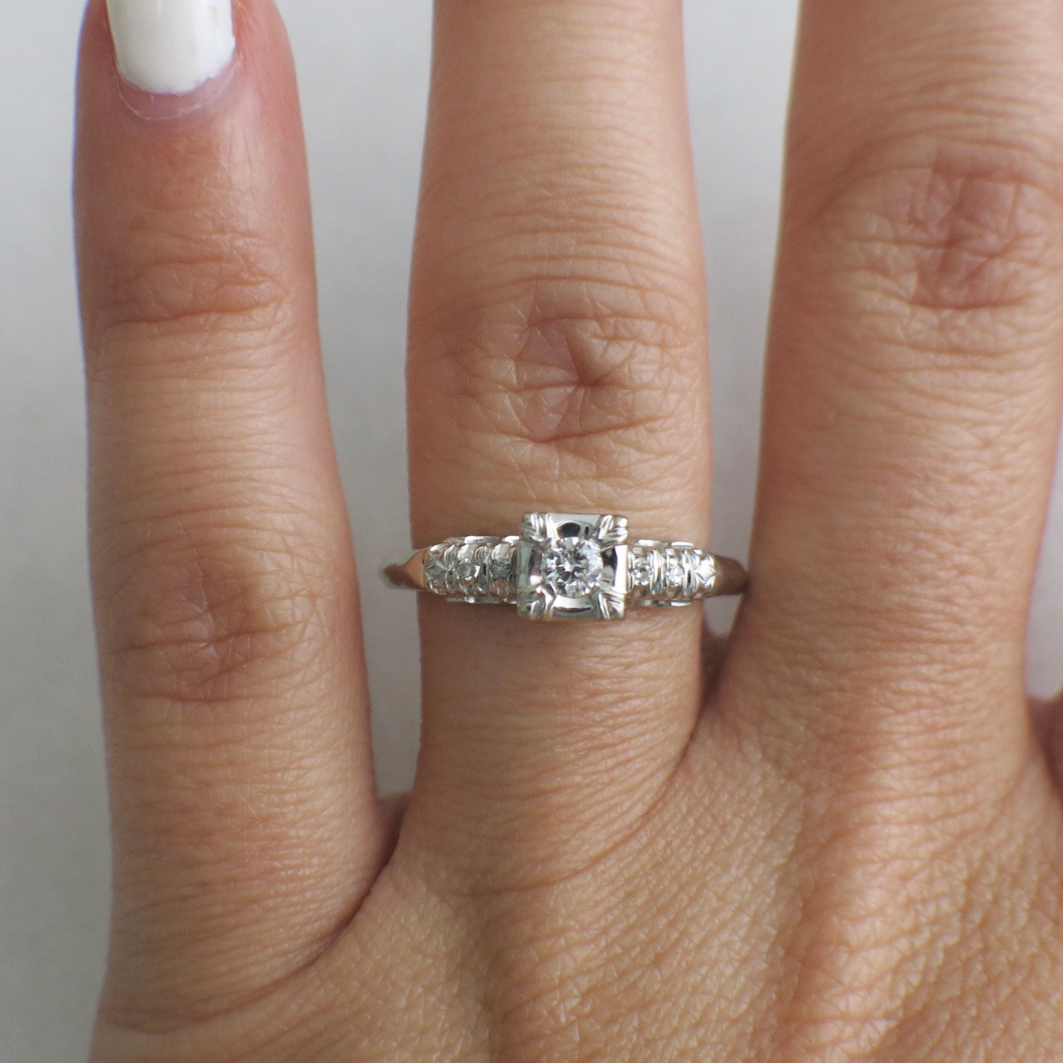 Vintage 14K White Gold Diamond Engagement Ring | Square Head Setting Size 8.5 - Black Market LLC