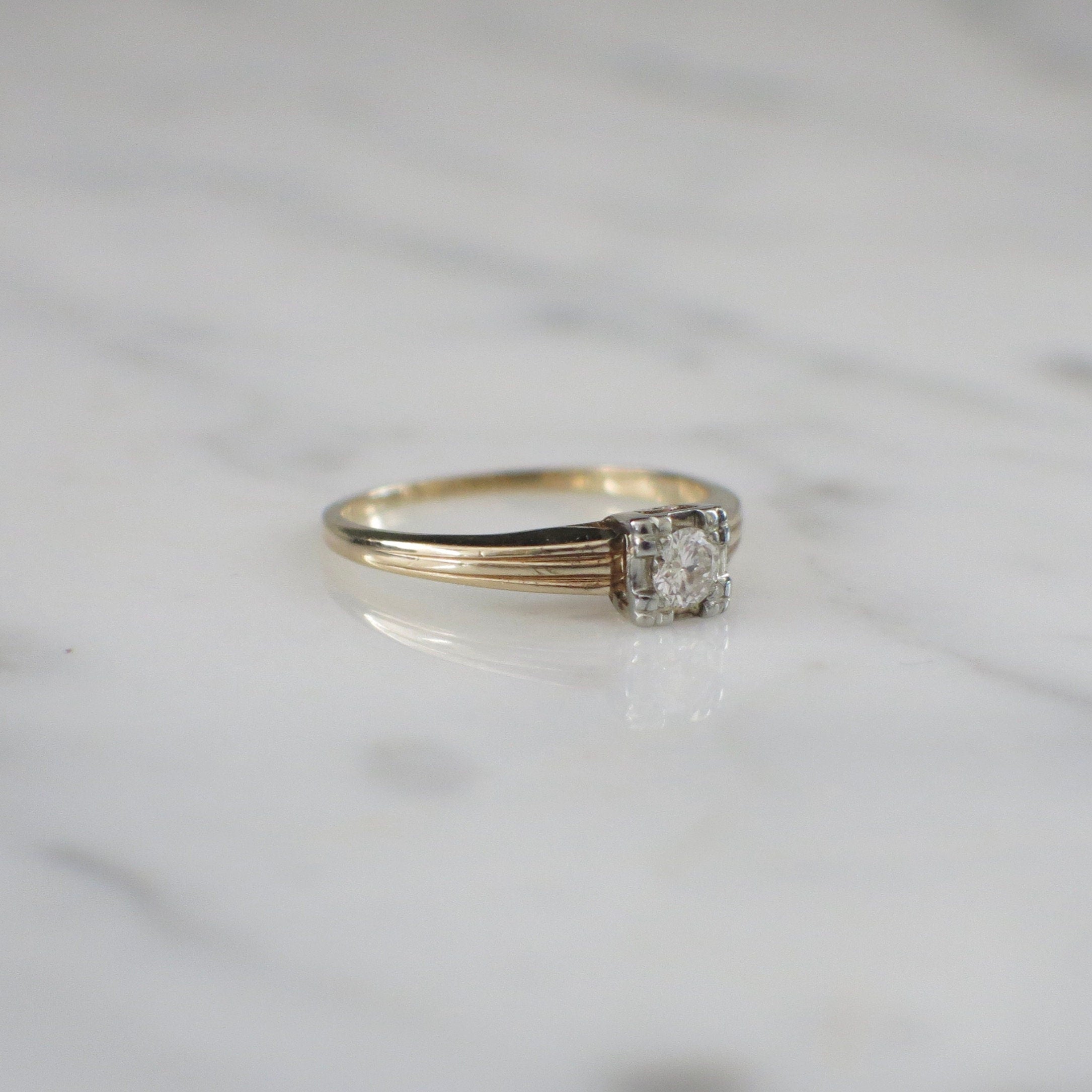 Vintage .20 CT Diamond Solitaire Ring | 14K Yellow Gold Ribbed Band Engagement Size 6.25 - Black Market LLC