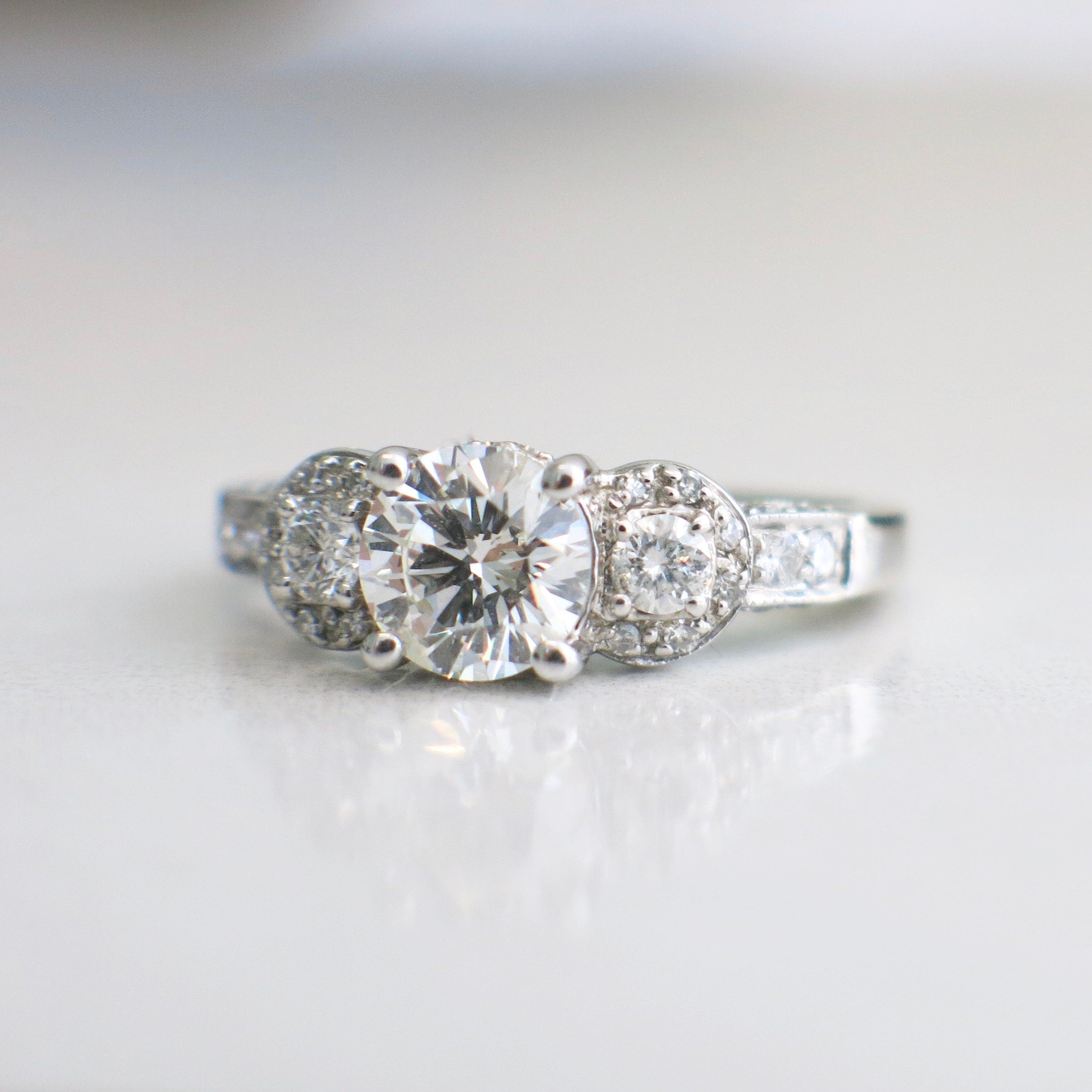 Vintage Style 14K White Gold Diamond Engagement Ring – 1.10ct Center, Three-Stone Halo, Size 5.5 - Black Market LLC