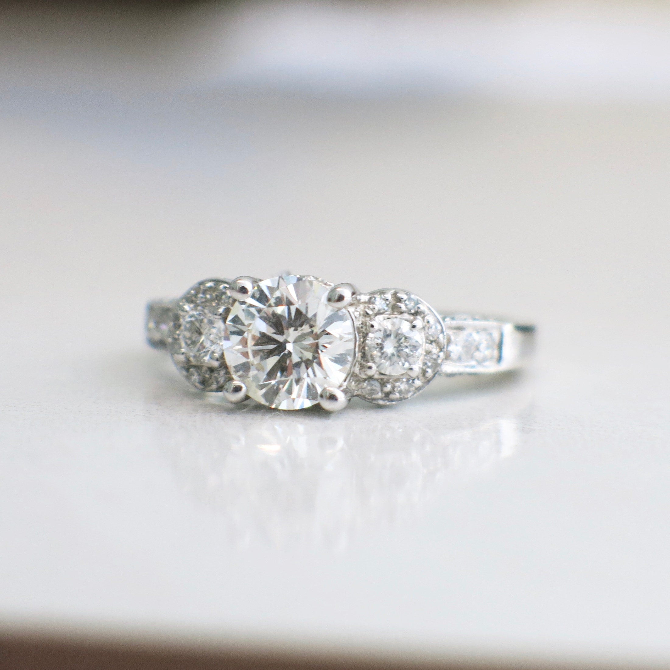 Vintage Style 14K White Gold Diamond Engagement Ring – 1.10ct Center, Three-Stone Halo, Size 5.5 - Black Market LLC