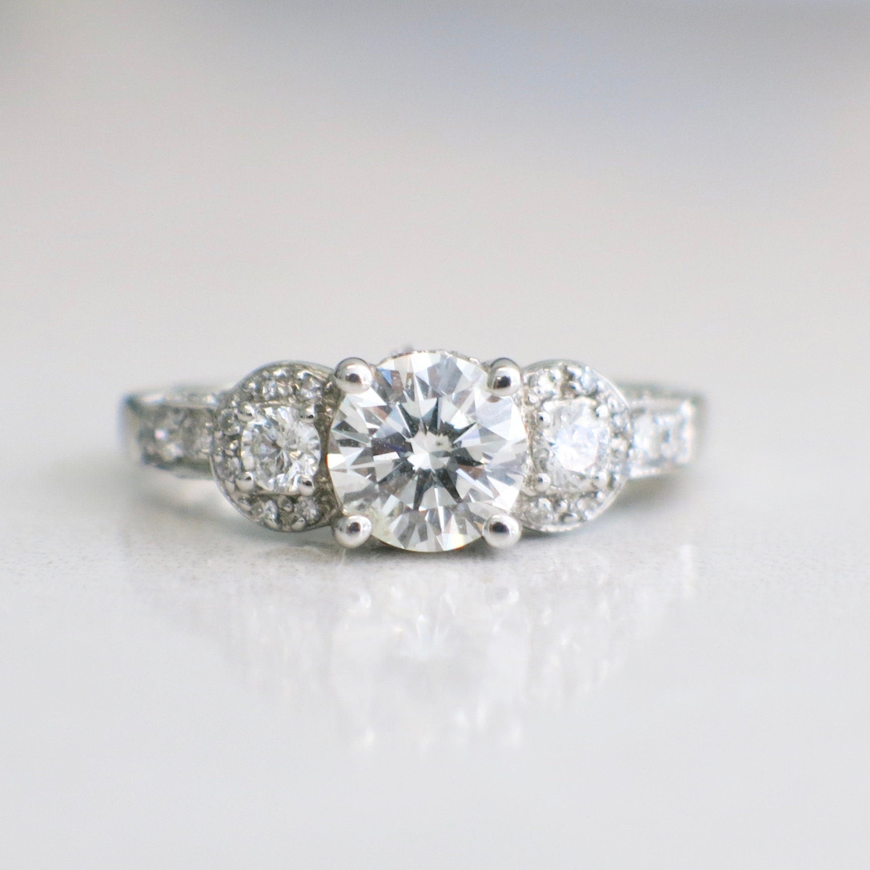 Vintage Style 14K White Gold Diamond Engagement Ring – 1.10ct Center, Three-Stone Halo, Size 5.5 - Black Market LLC