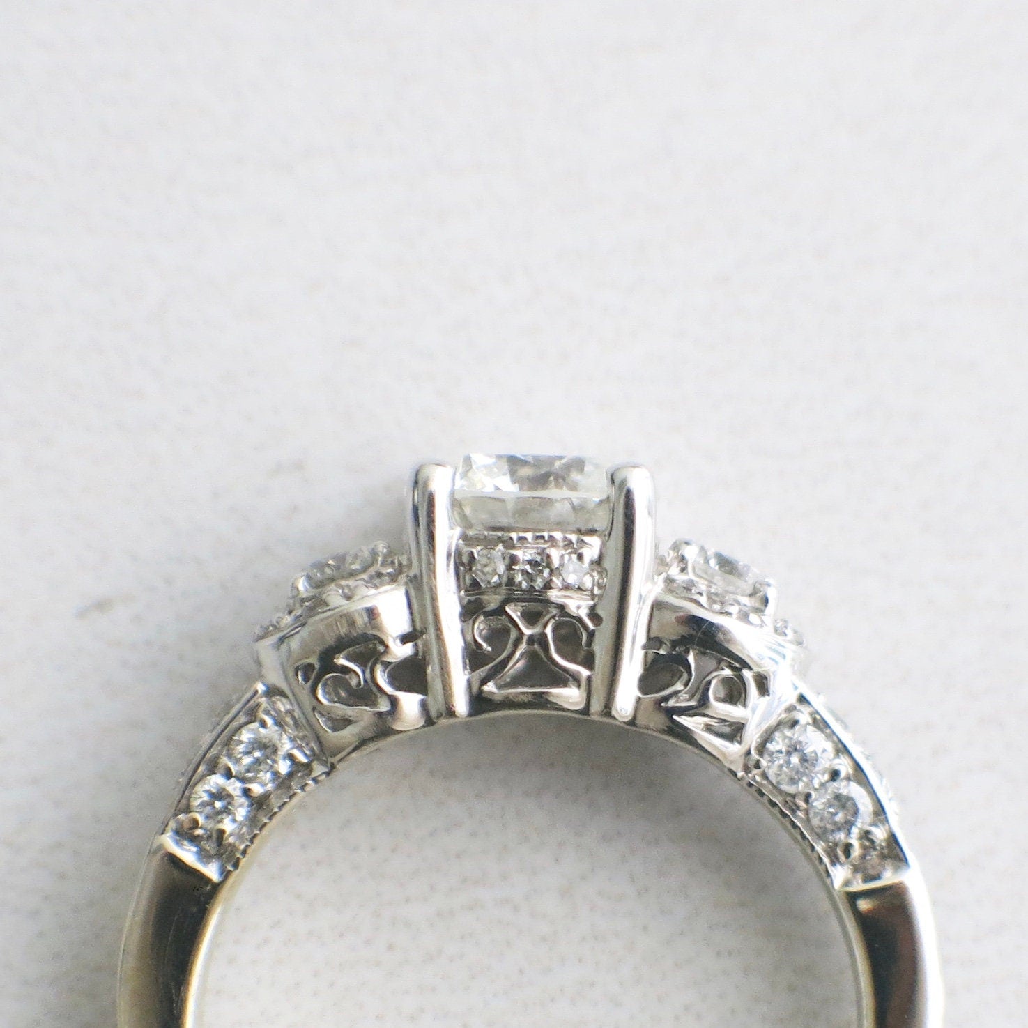 Vintage Style 14K White Gold Diamond Engagement Ring – 1.10ct Center, Three-Stone Halo, Size 5.5 - Black Market LLC