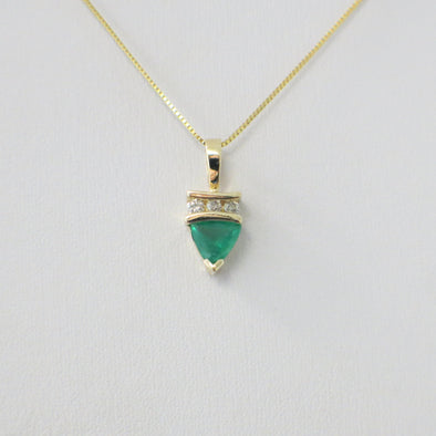 14K Yellow Gold Trillion Emerald and Diamond Pendant | Box Chain Necklace