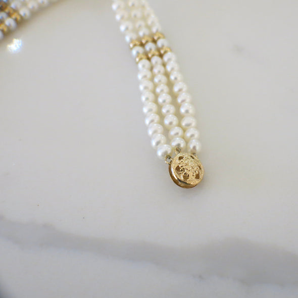 Three-Strand Pearl Bracelet | 14K Yellow Gold Beads & Filigree Clasp | 7 Inch