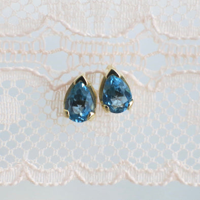 London Blue Topaz Earrings | 14K Yellow Gold Pear Cut Studs December Birthstone