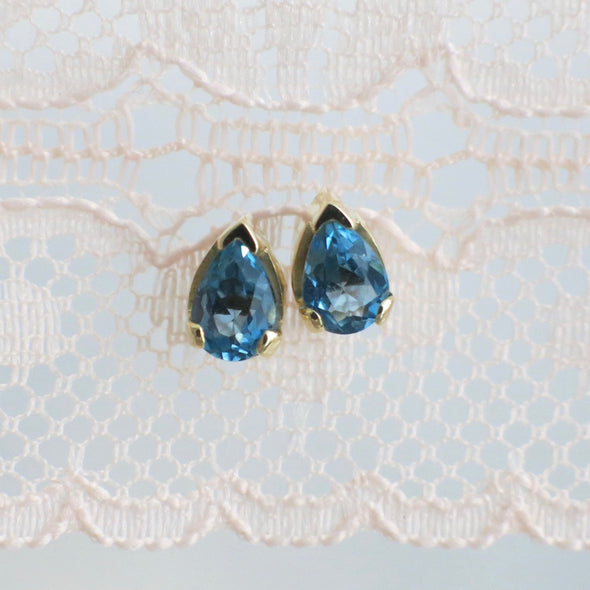 London Blue Topaz Earrings | 14K Yellow Gold Pear Cut Studs December Birthstone