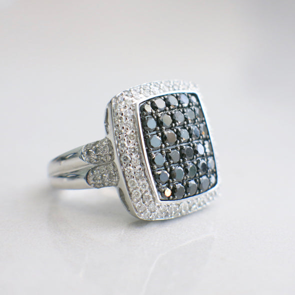 Statement Black and White Diamond Cluster Ring in 10K White Gold – Bold Cocktail Ring, 1.34 CTW
